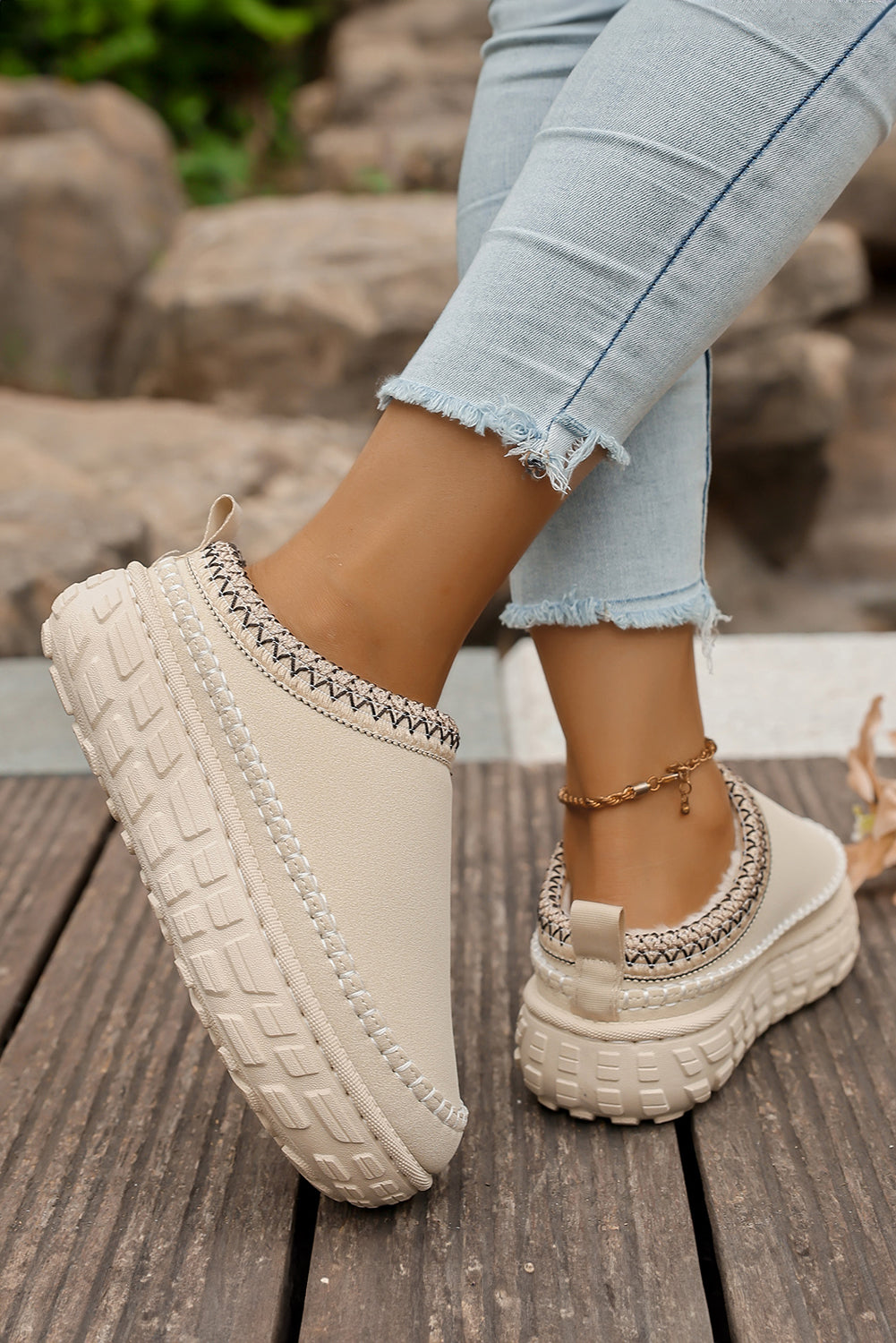 White Faux Suede Woven Trim Plush Lining Platform Slippers