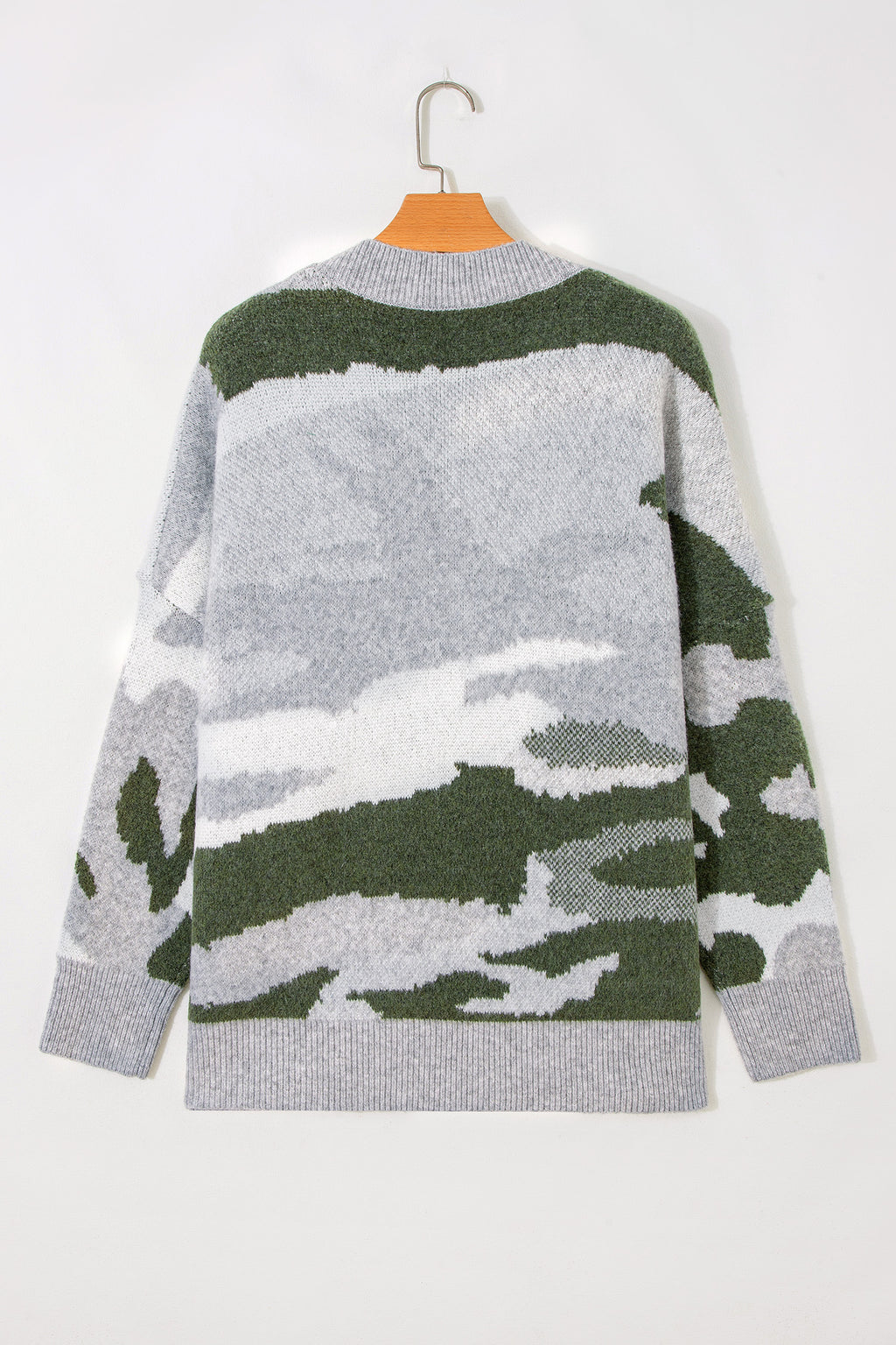Green Camouflage Drop Shoulder V Neck Button Front Cardigan