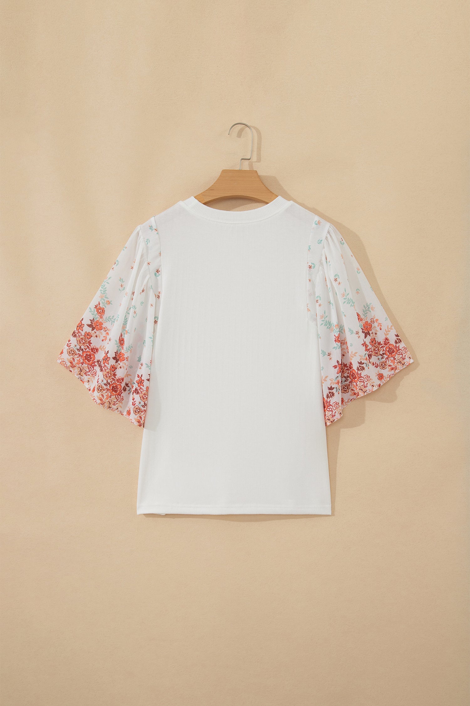 White Ribbed Texture Floral Print Half Sleeve Patchwork Top