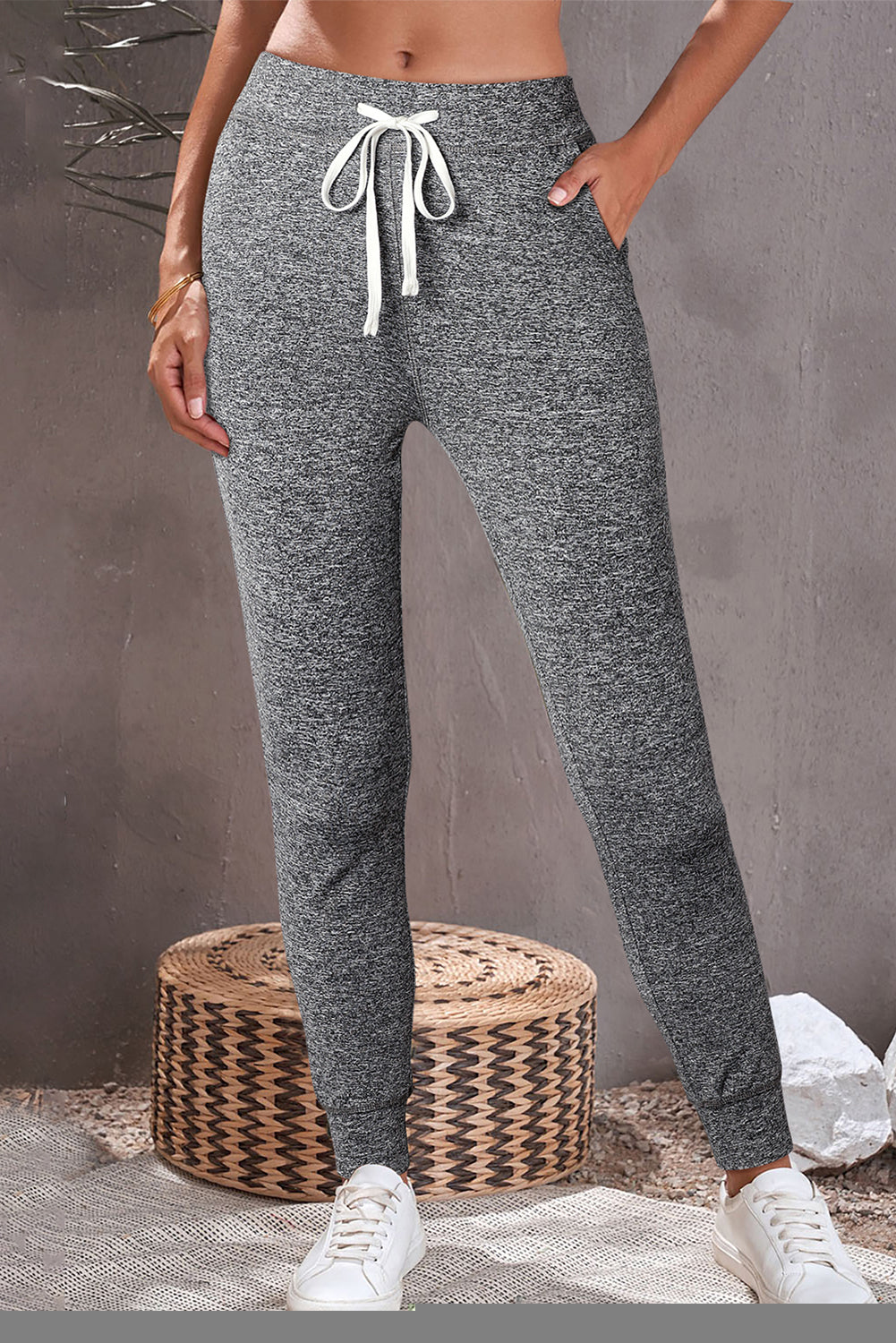 Dark Brown Drawstring Elastic Waistband Pocketed Joggers
