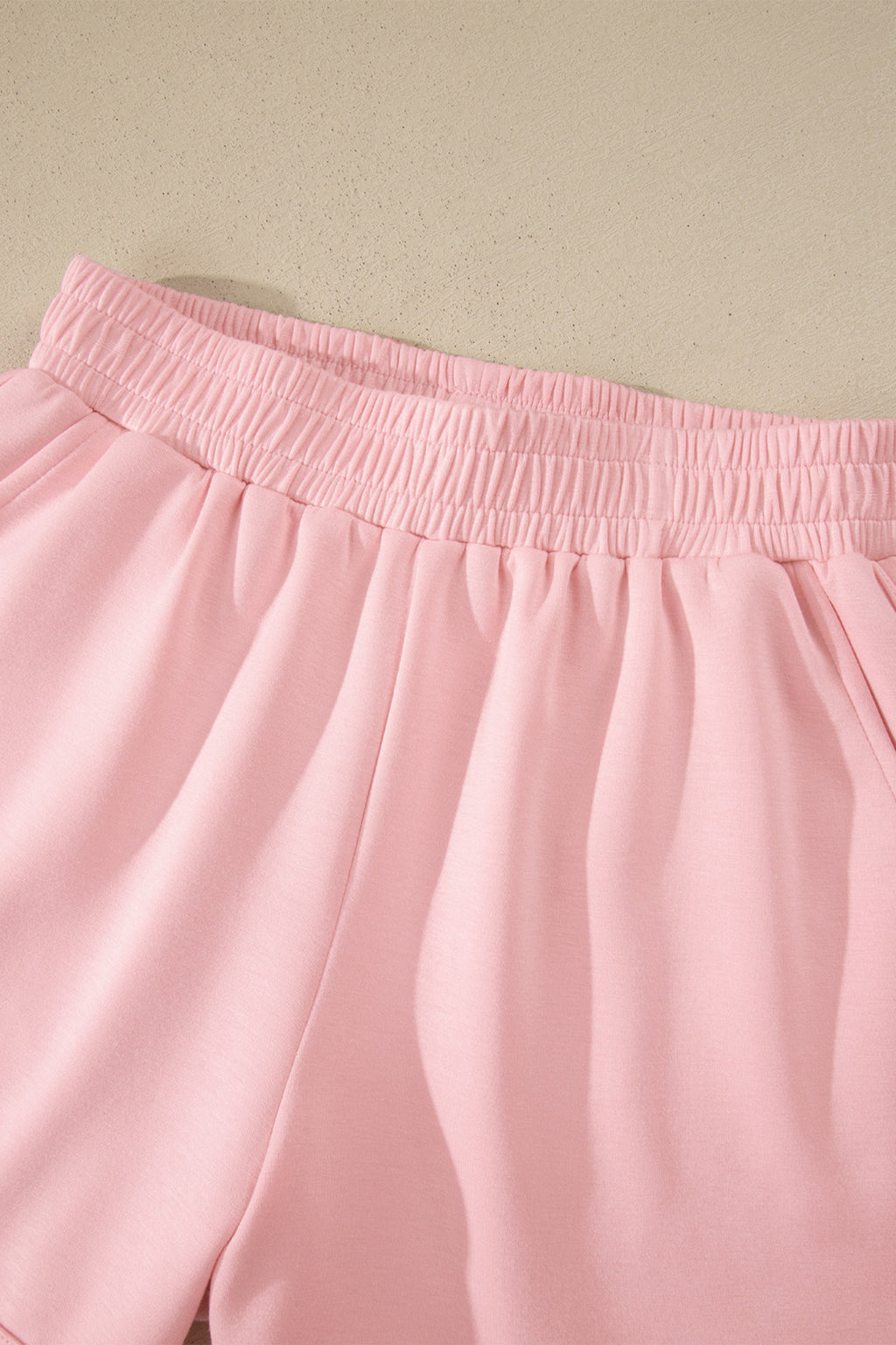 Light Pink Solid Color Exposed Seam Mock Neck Oversize Tee Casual Shorts 2pcs Outfit