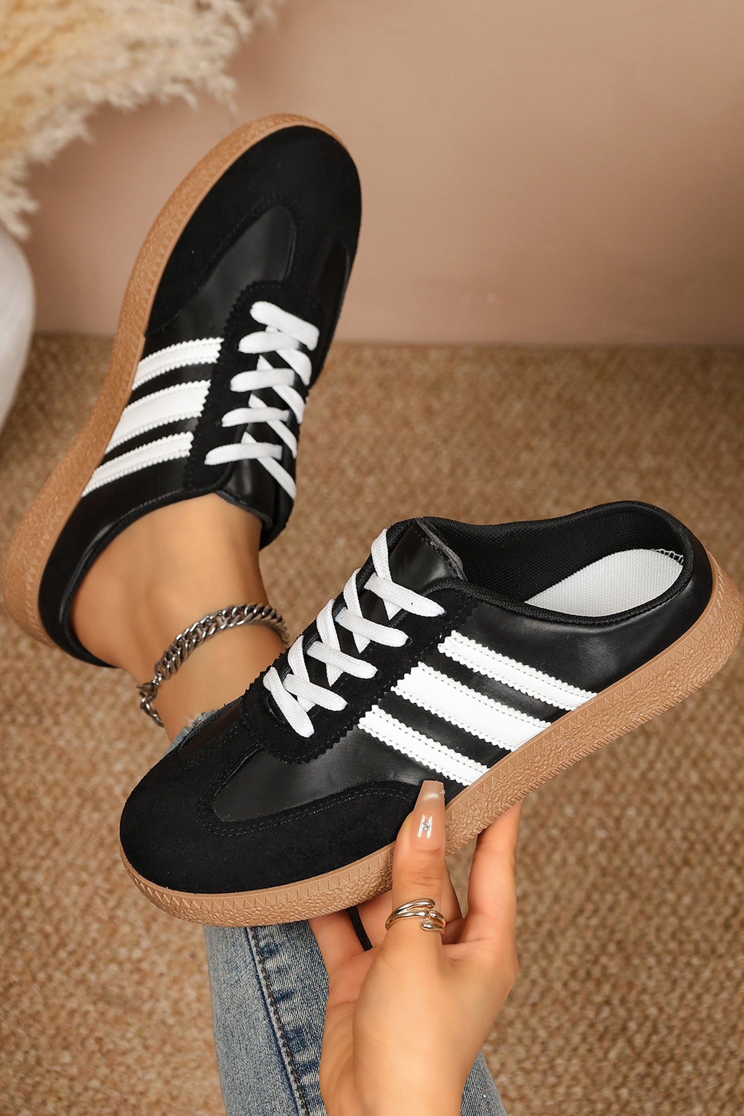 Color black PU Leather Color Block Varsity Lace Up Flat Shoes