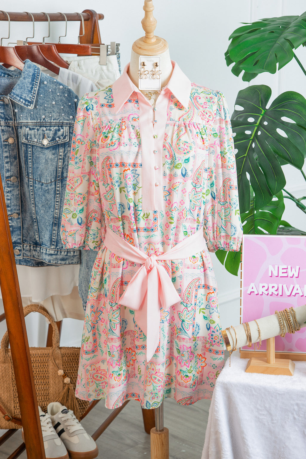 Pink Boho Floral Print Color Block Trim Half Button Belted Mini Dress