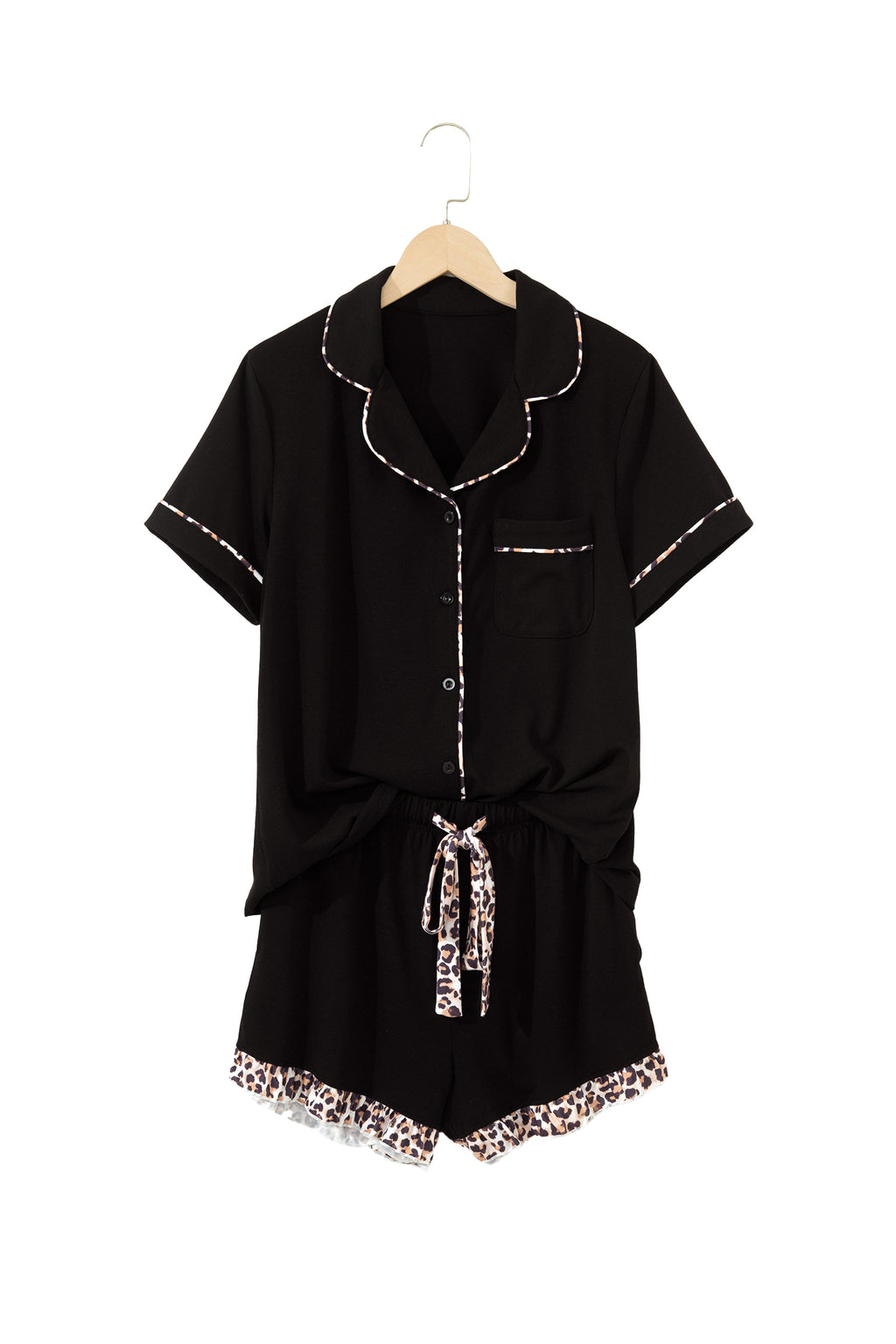 Black Leopard Patchwork Trim Lapel Shirt Drawstring Shorts 2pcs Pajama Set