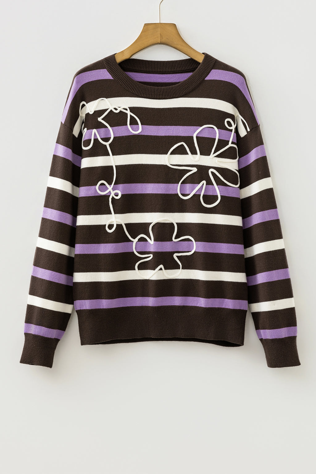 Brown Stripe Embroidered Detail Drop Shoulder Pullover Sweater