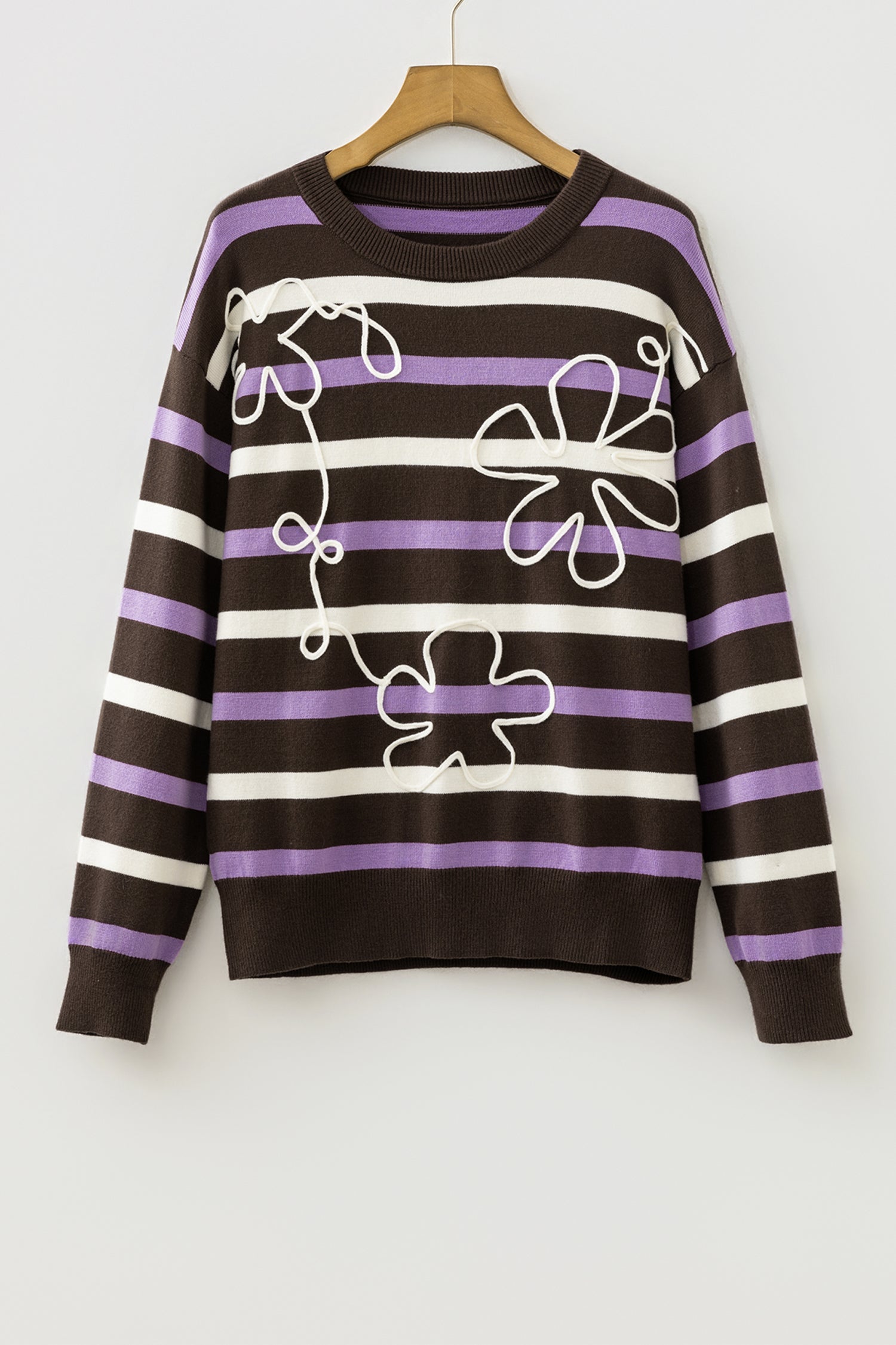 Brown Stripe Embroidered Detail Drop Shoulder Pullover Sweater
