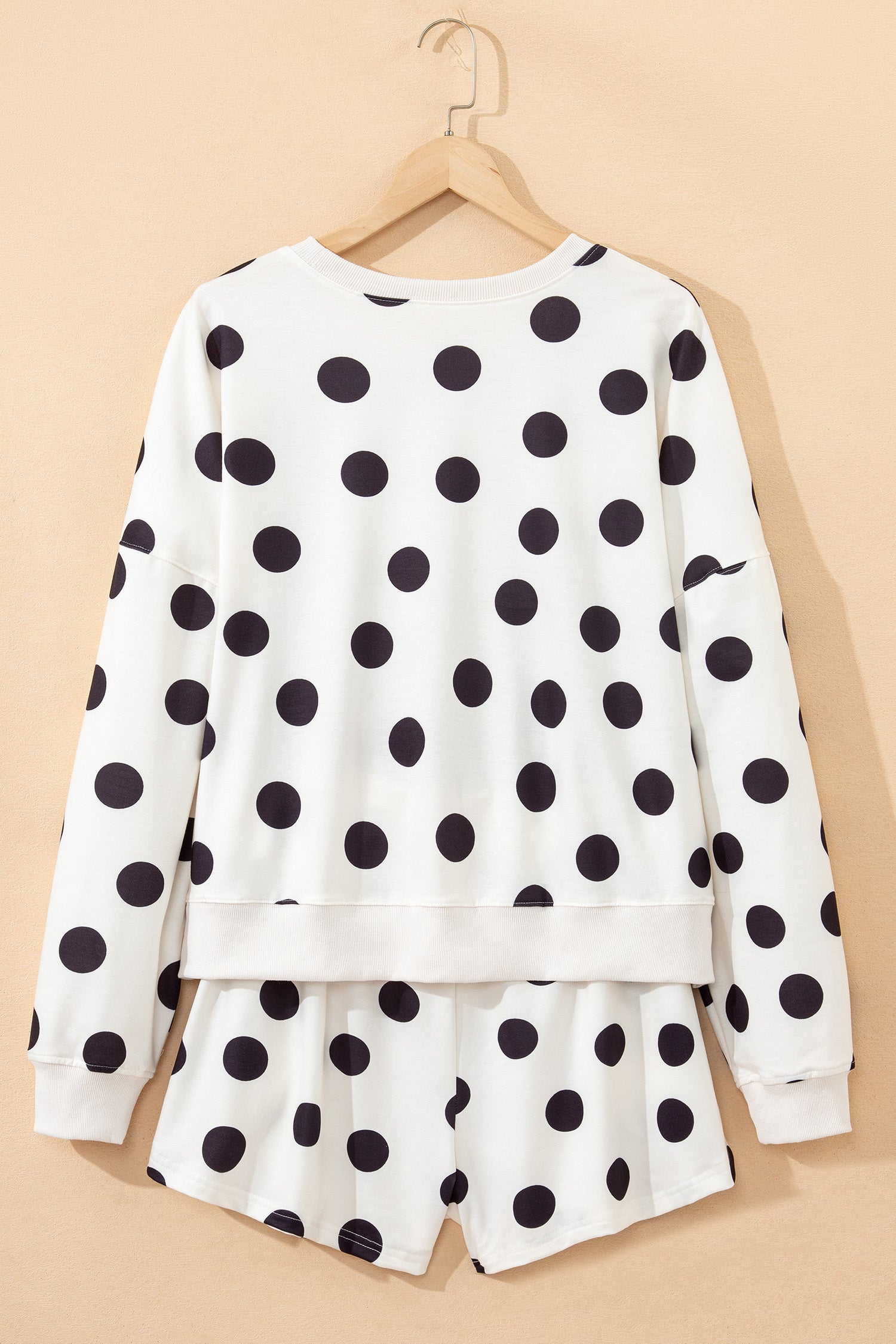Beige Polka Dot Print Drop Shoulder Pullover Drawstring Shorts Set