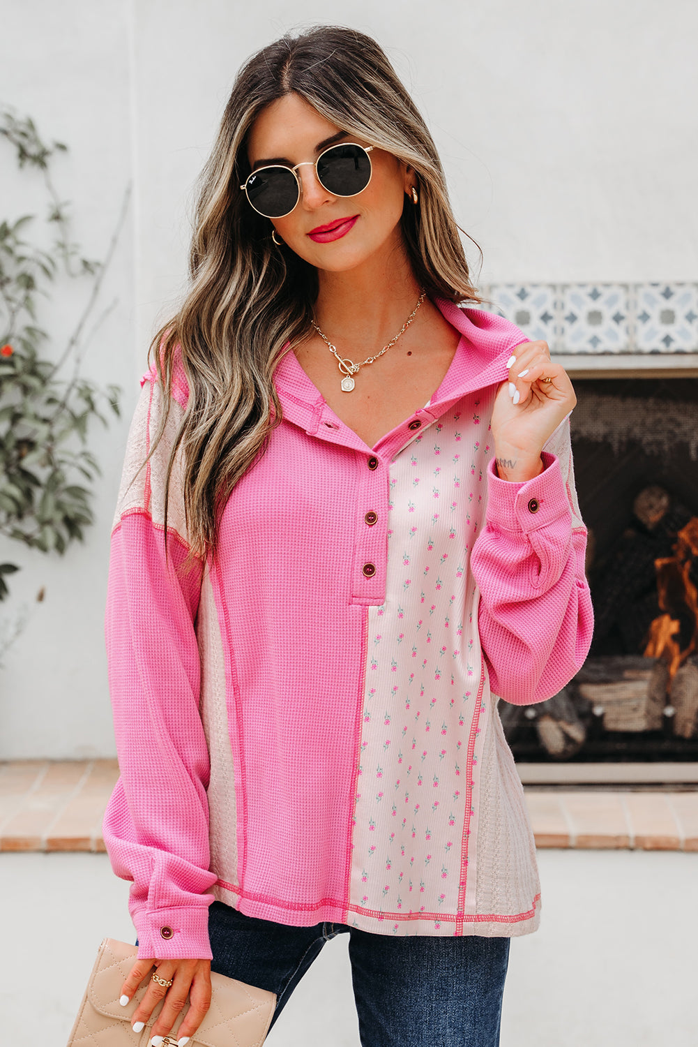 Pink Mixed Texture Waffle Floral Patchwork Hooded Oversize Pullover