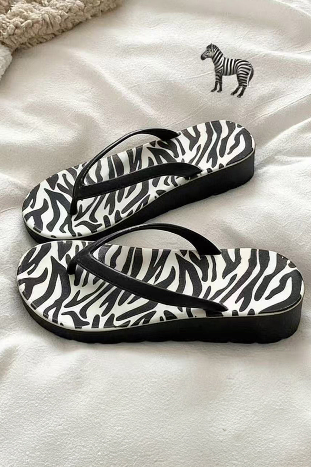 Black Zebra Print PVC Casual Flip Flops