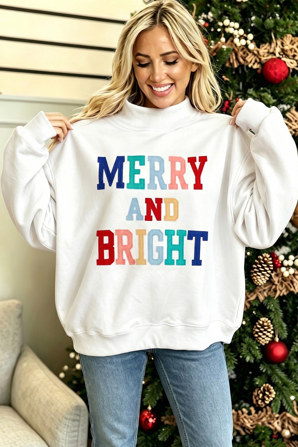 White MERRY AND BRIGHT Stitched Letter Pattern Mock Neck Sweatshirt