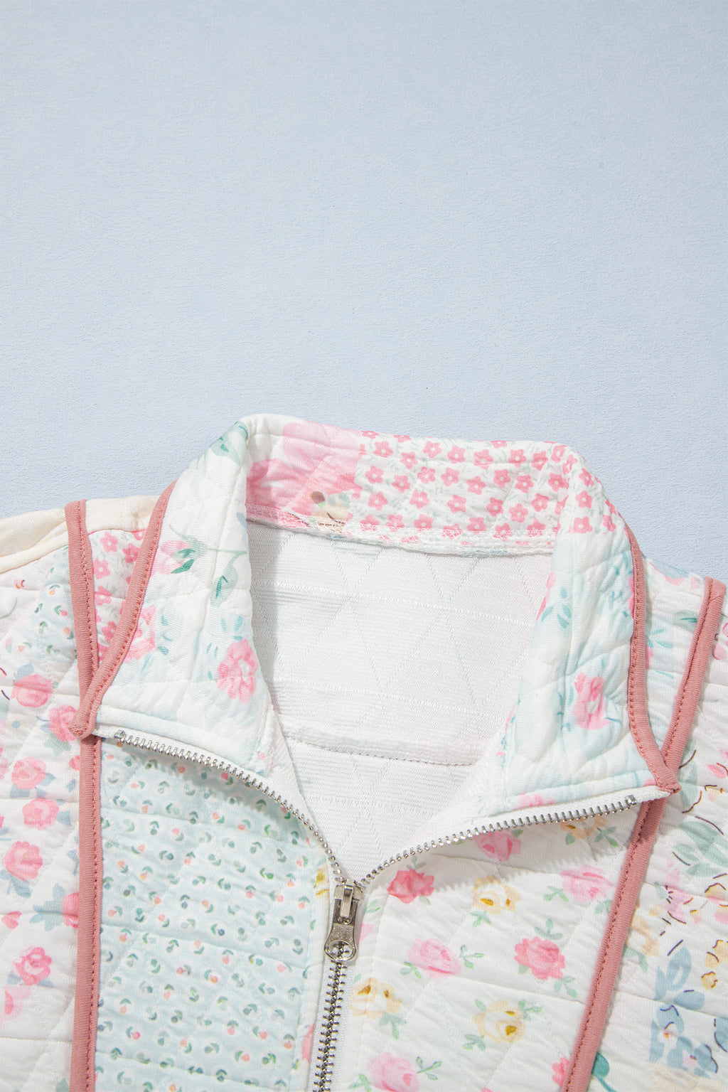 Multicolour Floral Quilted Metal Zipper Collar Long Sleeve Sweatshirt