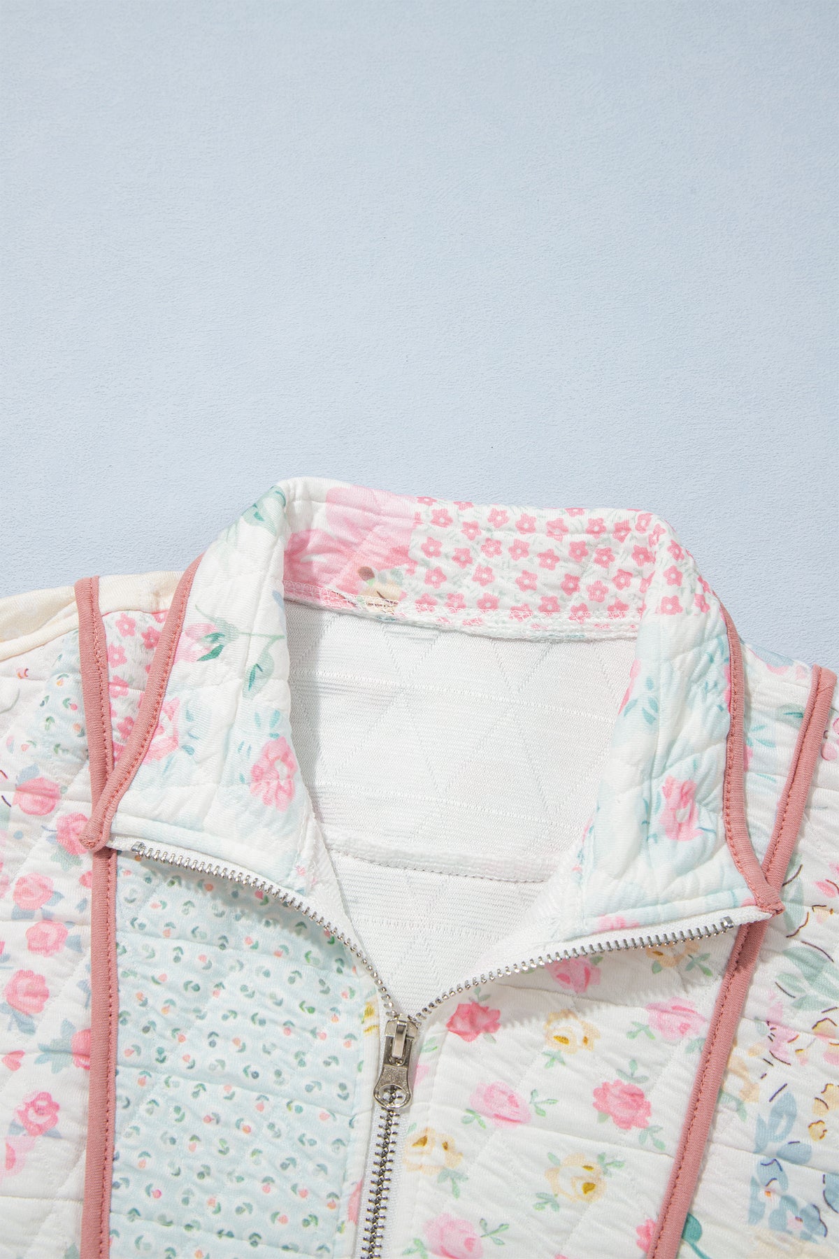 Multicolour Floral Quilted Metal Zipper Collar Long Sleeve Sweatshirt