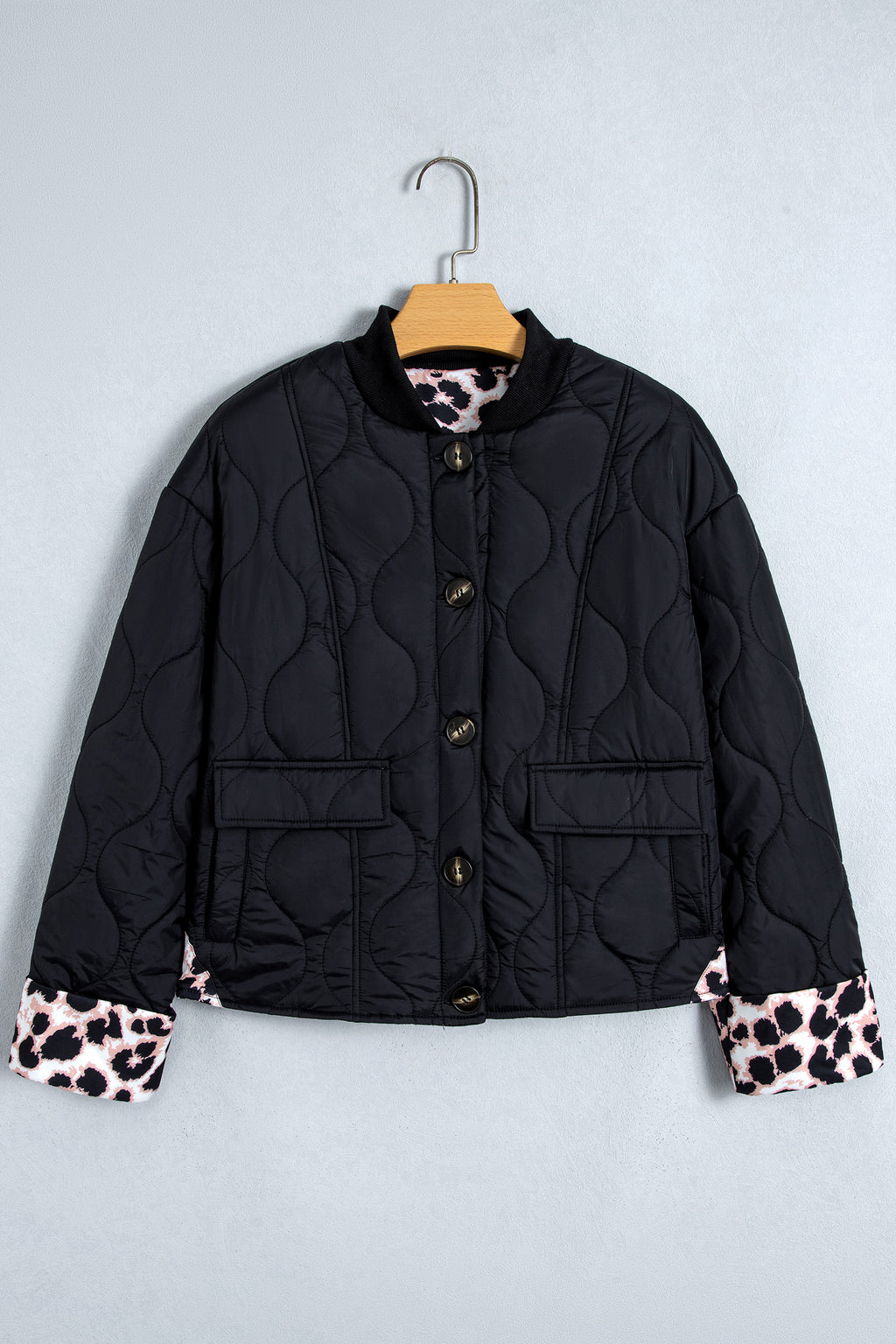 Black Retro Quilted Leopard Cuff Button Down Puffer Jacket
