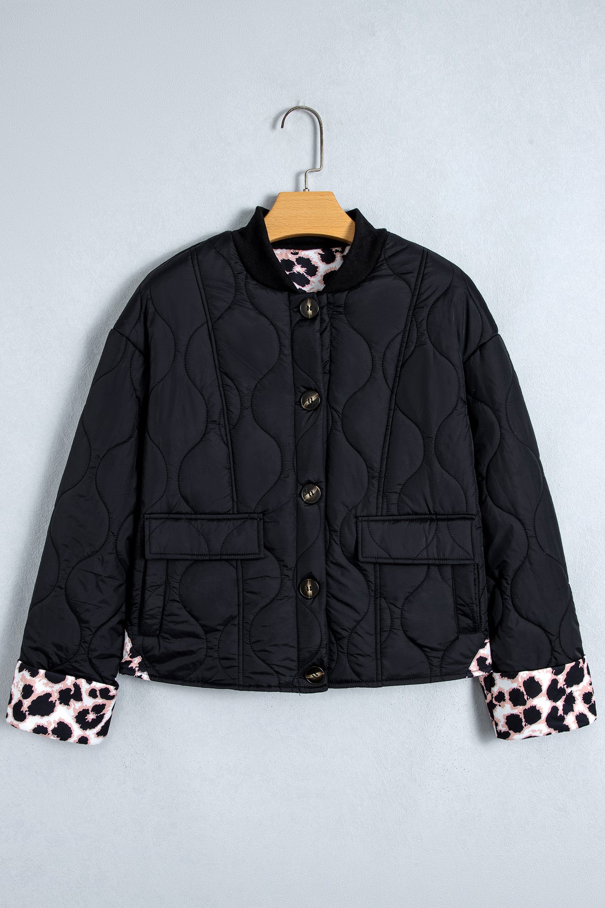 Black Retro Quilted Leopard Cuff Button Down Puffer Jacket