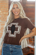 Brown Western Print Short Sleeve Knit Casual Sweater