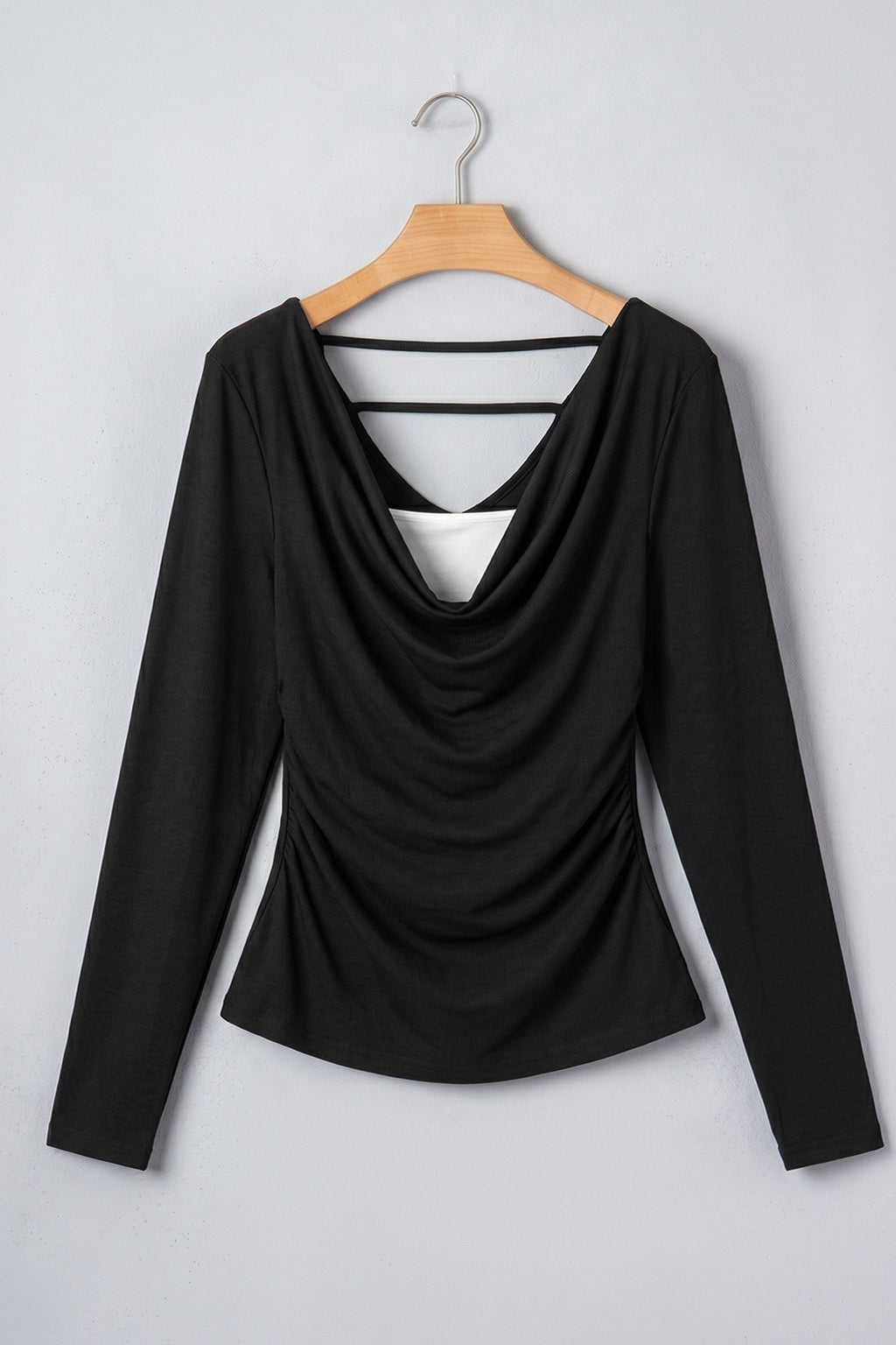 Black Color Block Drape V Neck Pleated Long Sleeve Top