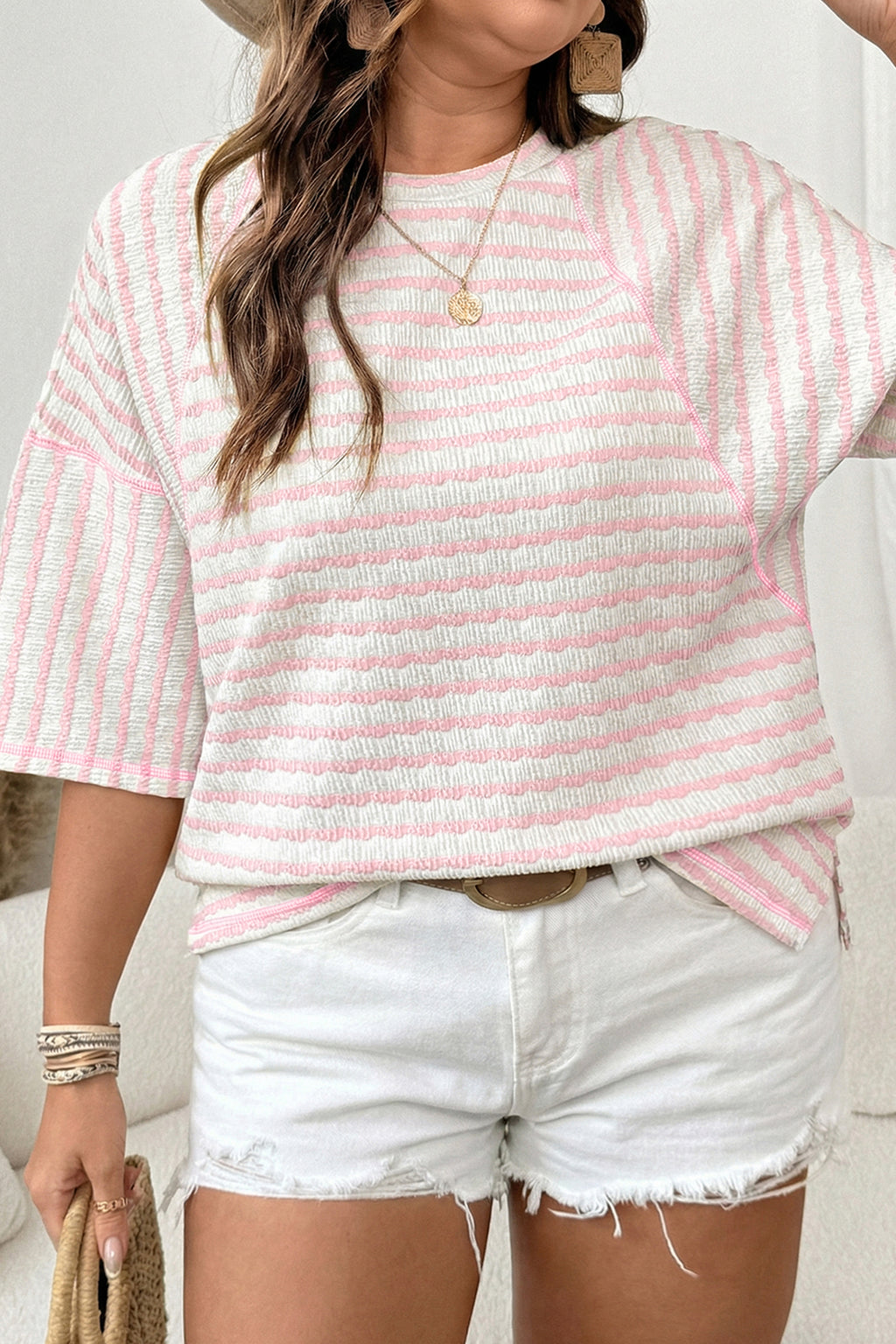 Pink Stripe Plus Size Textured Patchwork Detail Half Sleeve Top