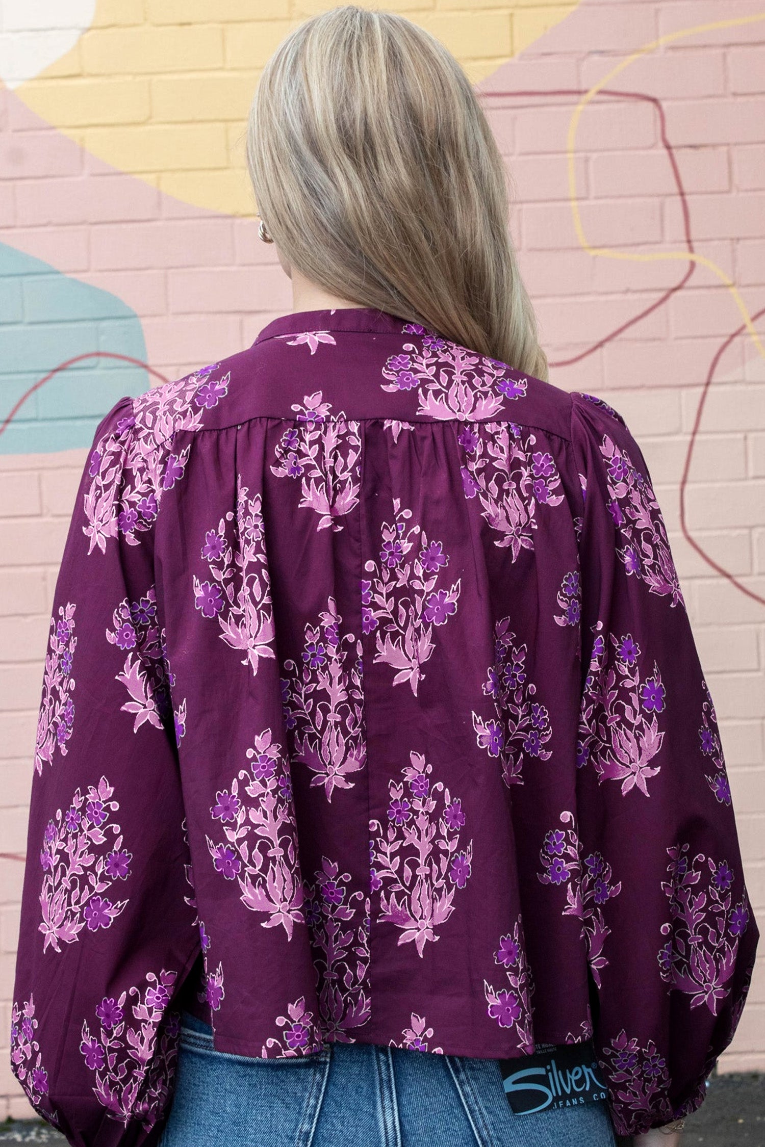 Purple Floral Print Button-Up Long Puff Sleeve Loose Shirt