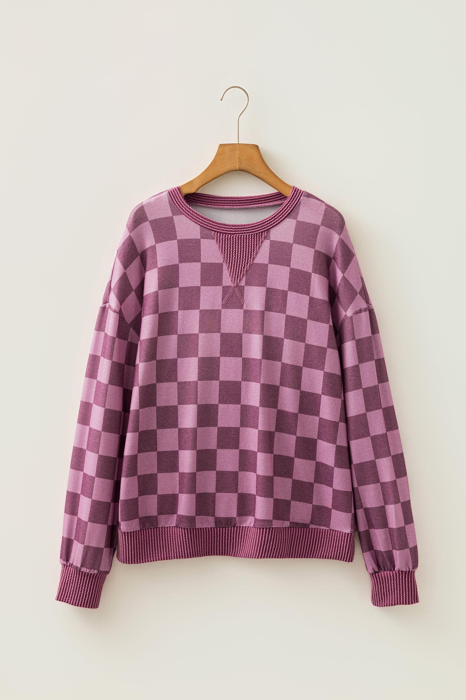 Red Ribbed Trim Checkered Print Long Sleeve Pullover Top