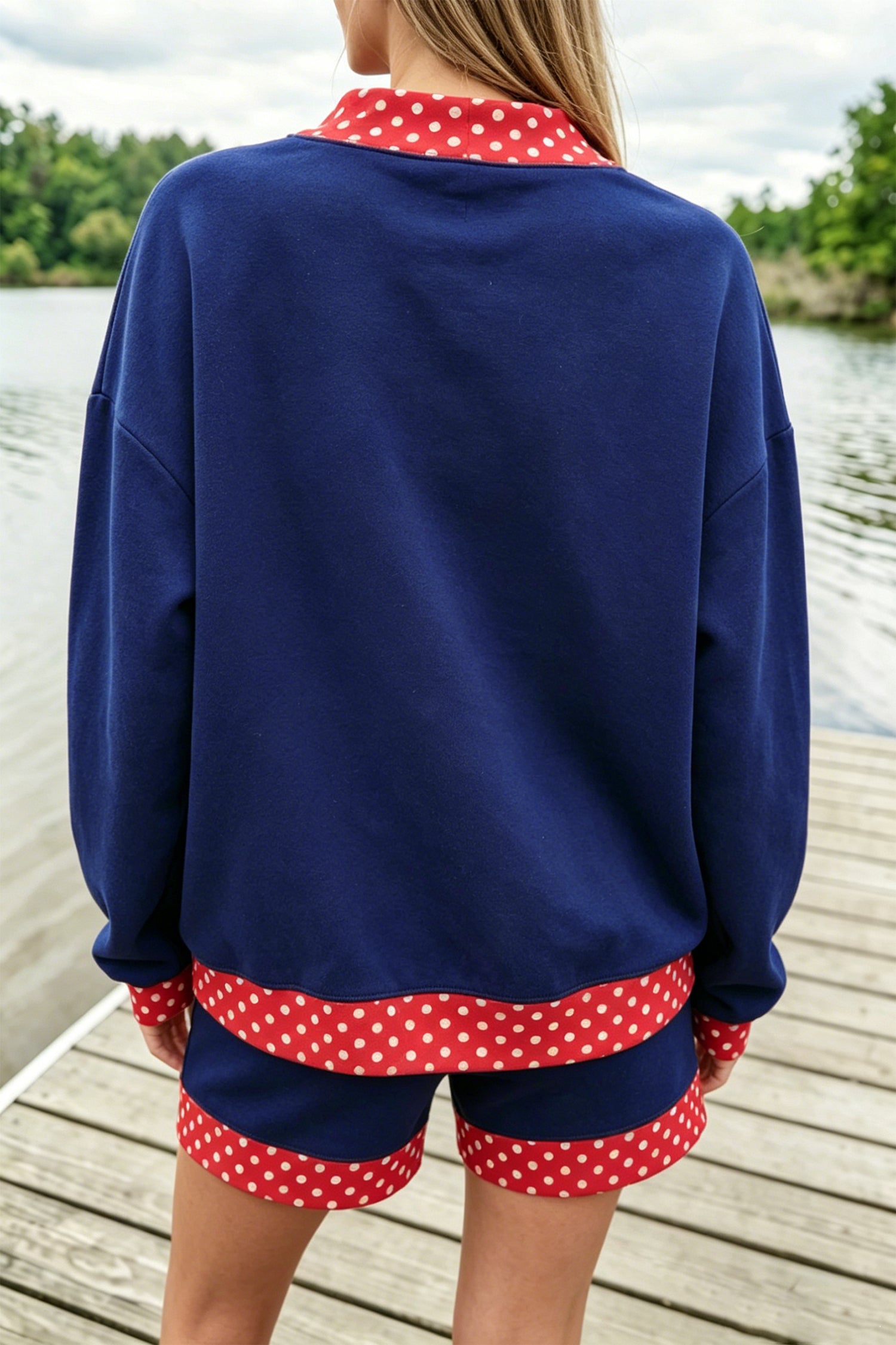 Racing Red Polka Dot Trim Baggy Pullover 2pcs Short Set