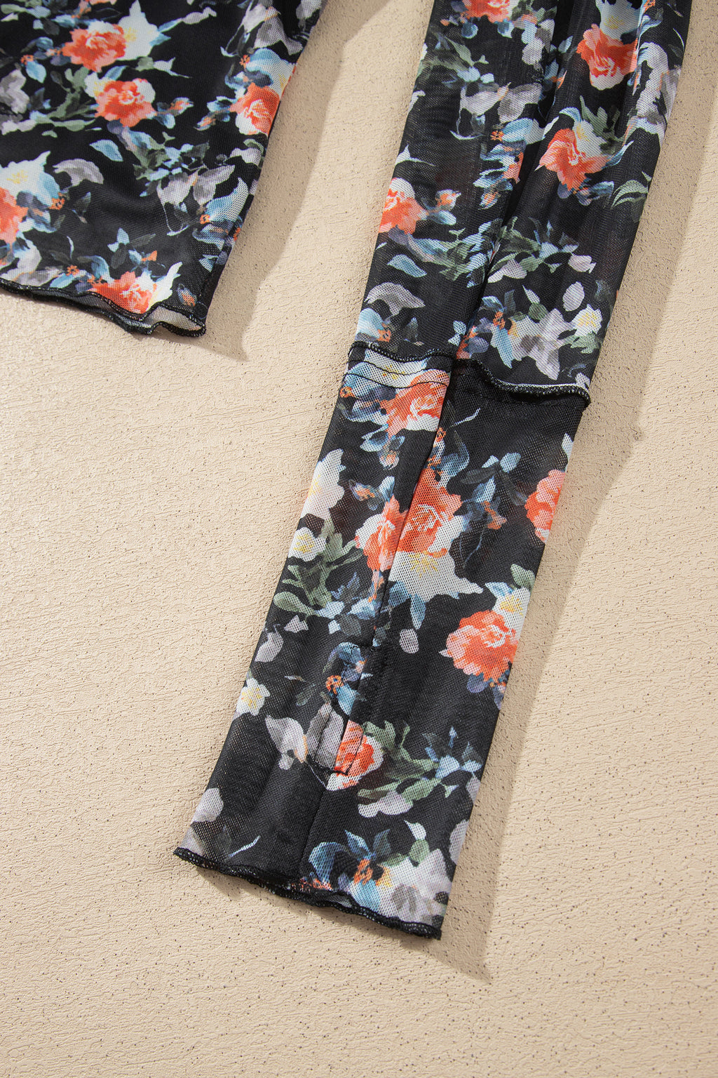 Black Floral Print Mesh Long Sleeve Stand Neck Pullover Top