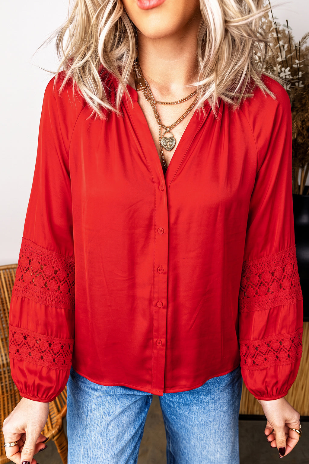 Fiery Red Patchwork Lace Long Sleeve V Neck Button Front Shirt