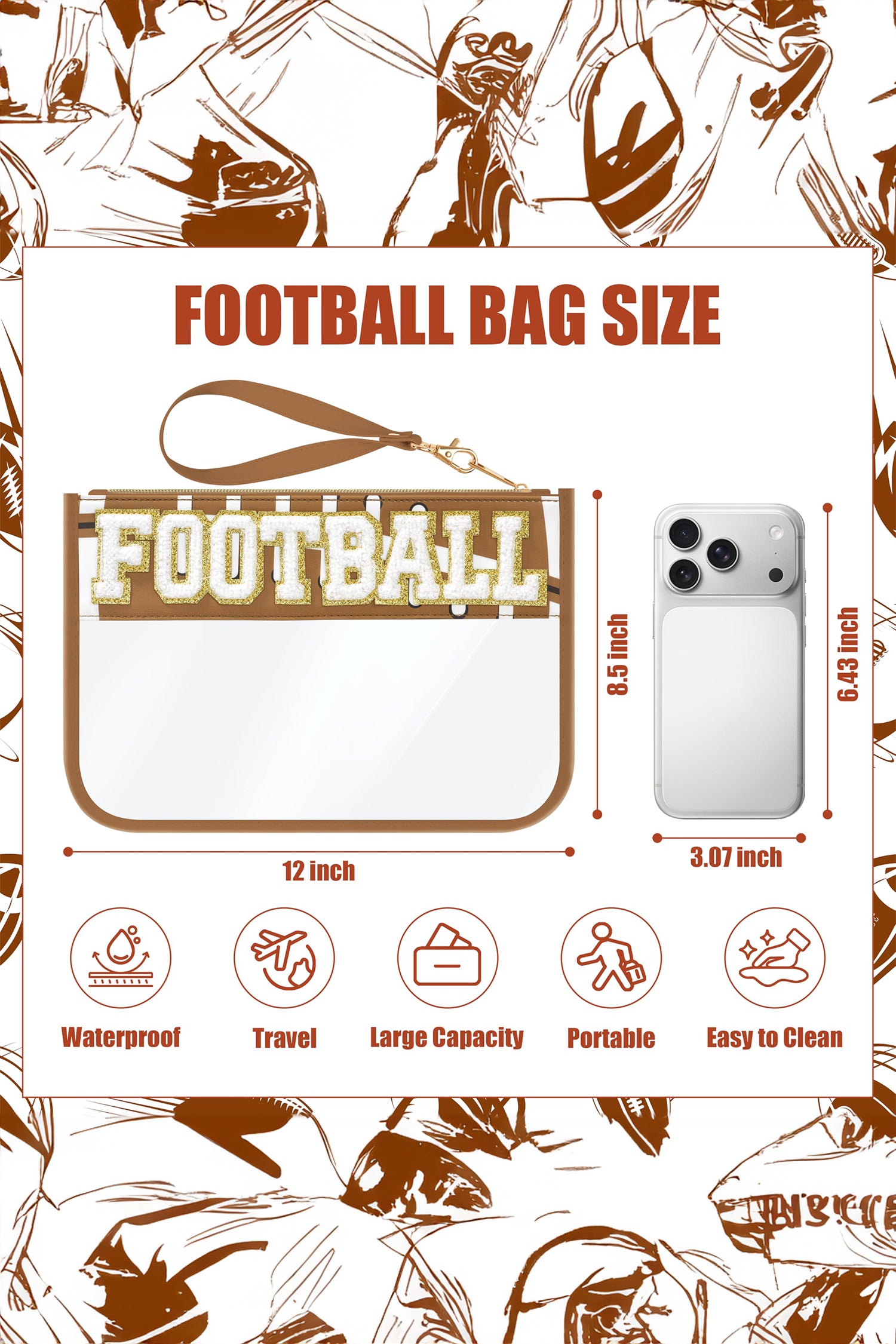 Jurassic Gold BASKETBALL Chenille Letter Patch Game Day Stadium Clear PVC Cosmetic Bag