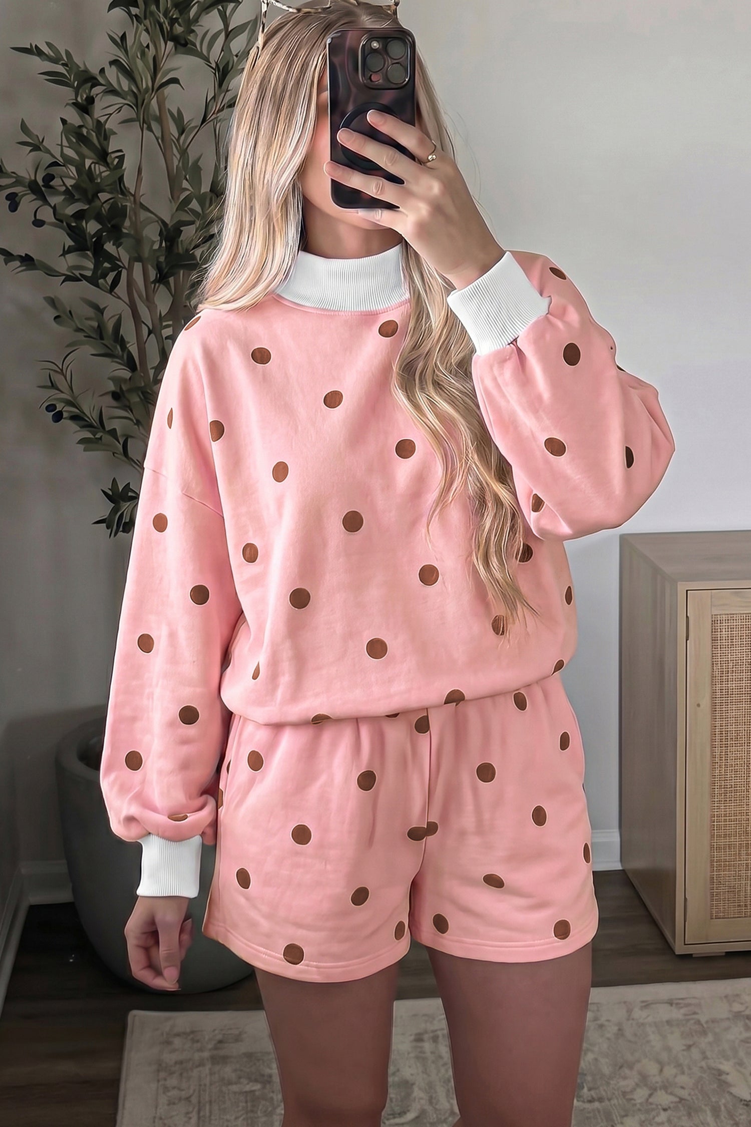 Brown Polka Dot Ribbed Trim Long Sleeve Top Casual Short Set