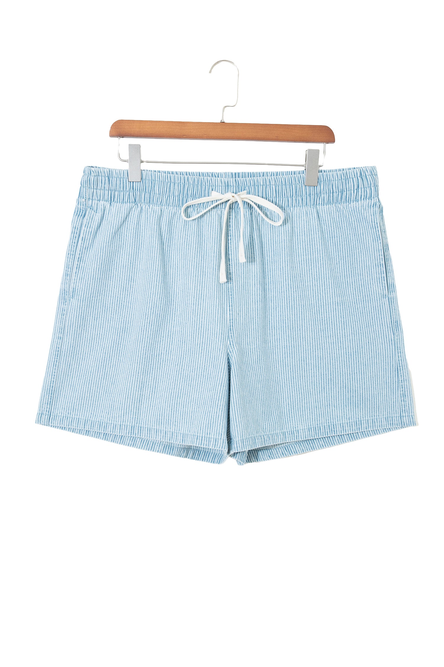 Sky Blue Stripe Plus Size Contrast Drawstring Elastic Waist Denim Shorts