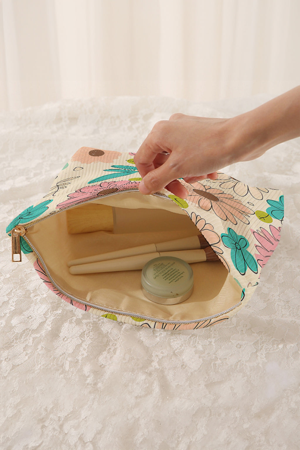 White Floral Print Corduroy Makeup Bag