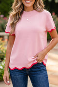 Pink Stand Neck Contrast Wavy Trim Short Sleeve Sweater