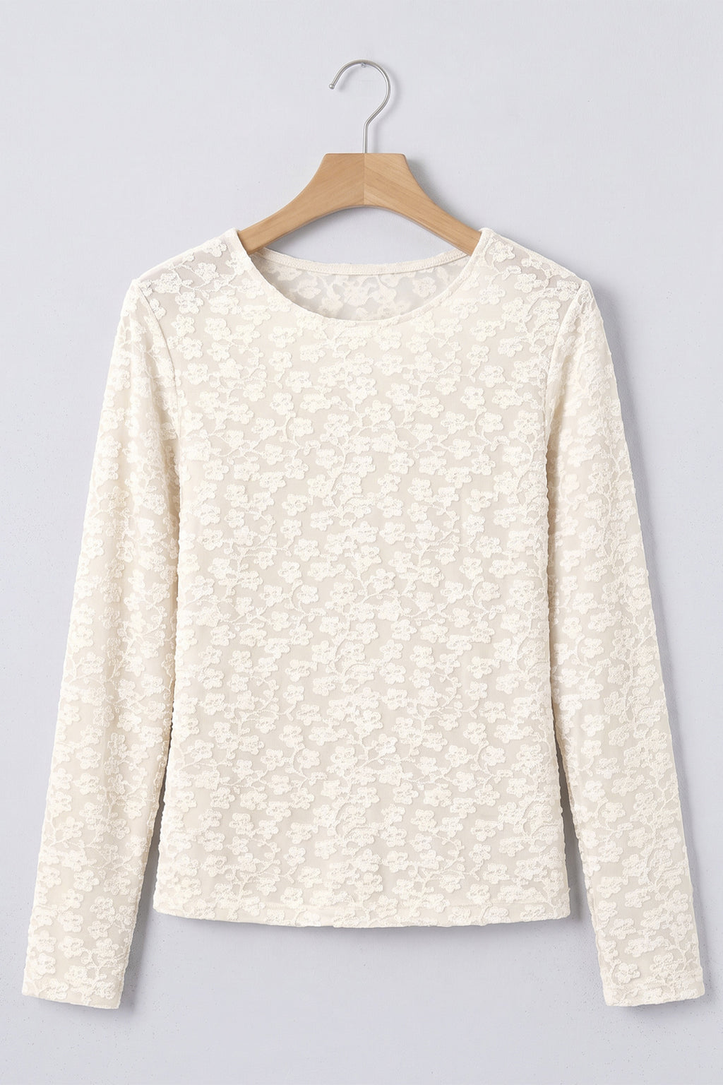 White Solid Color Floral Textured Long Sleeve Top