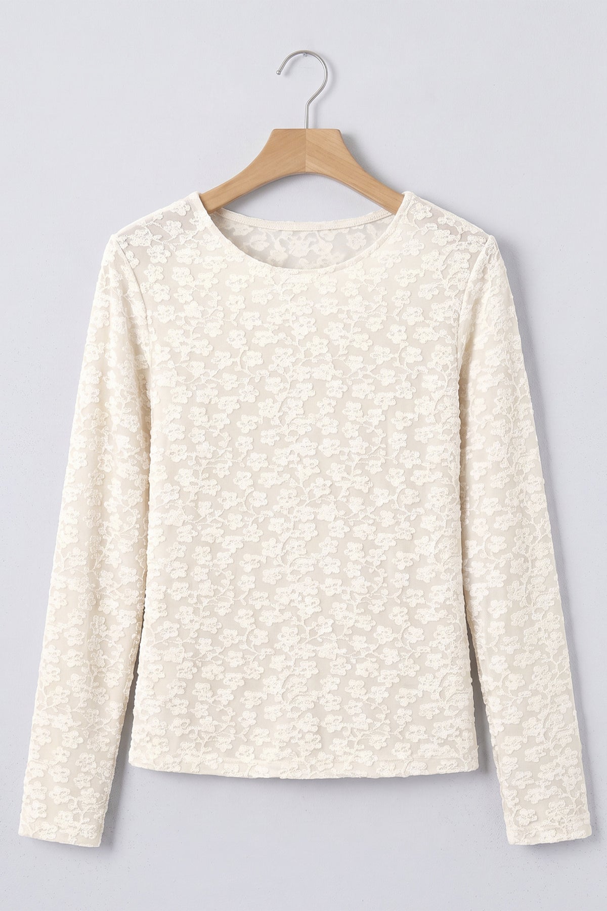 White Solid Color Floral Textured Long Sleeve Top