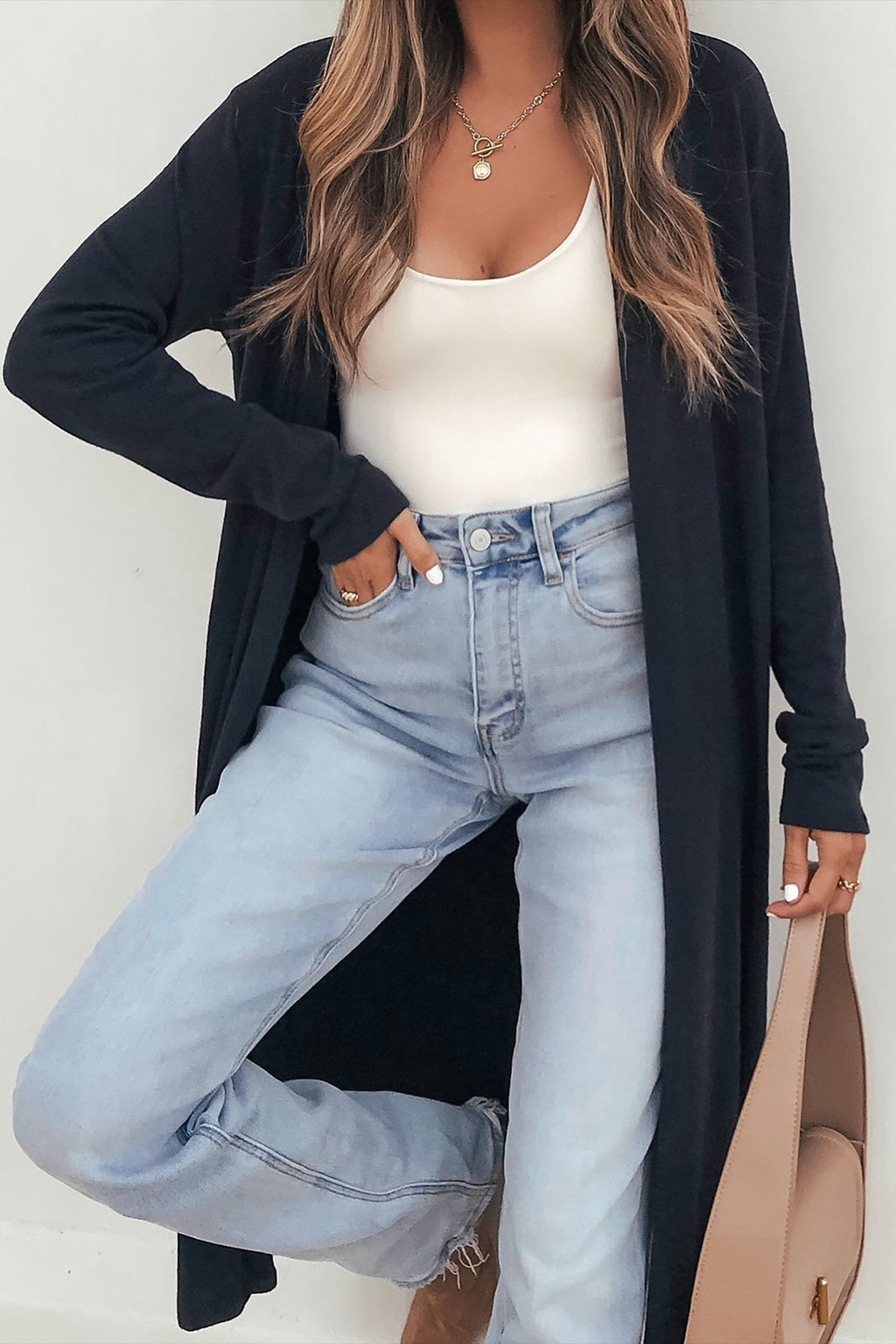 Dirty blue Solid Color Long Sleeve Casual Tunic Shift Cardigan