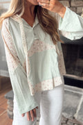 Clearly Aqua Textured Floral Patchwork Button Hooded Long Sleeve Top