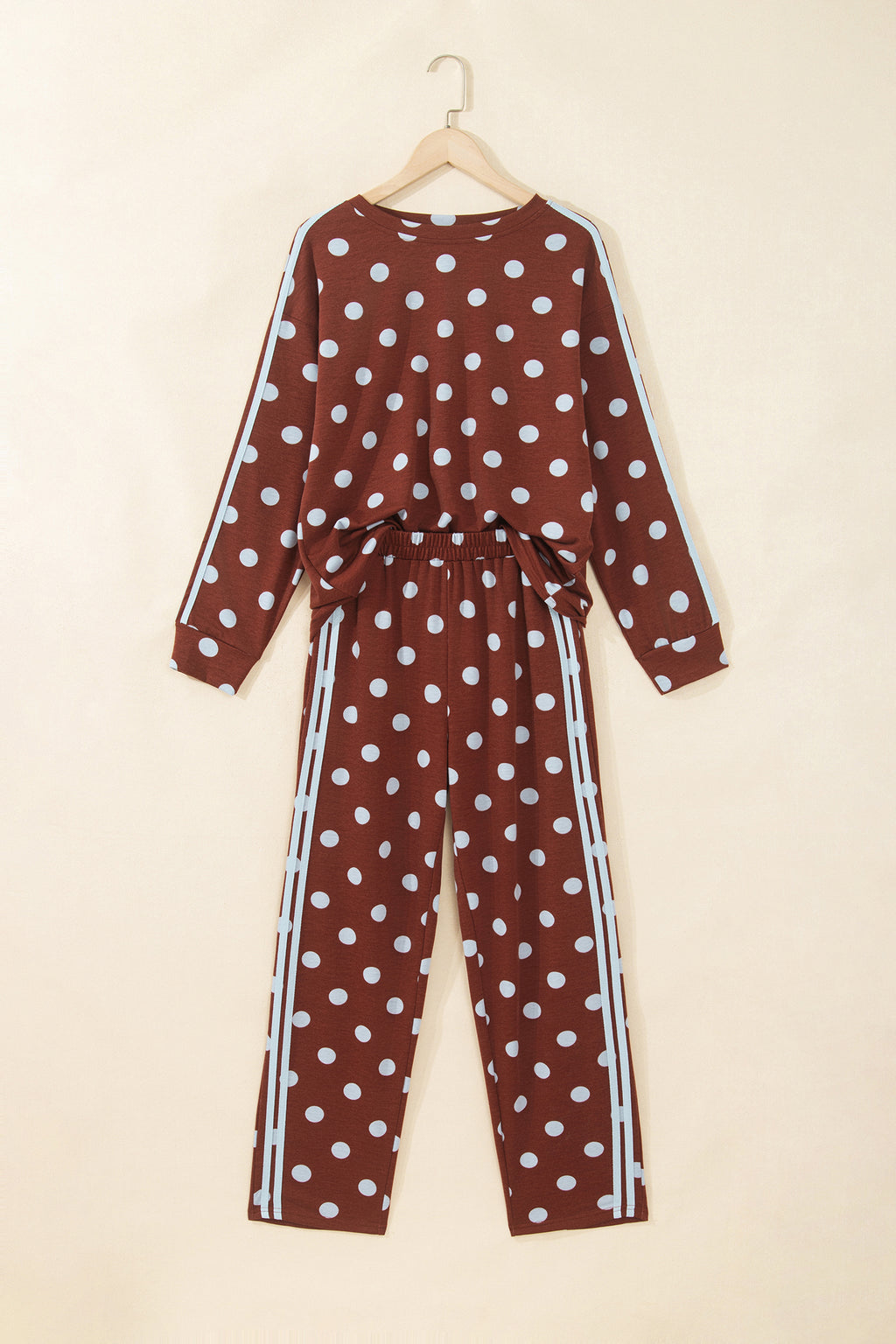 Pink Polka Dot Print Side Stripe Detail Long Sleeve Top Casual Pant Set