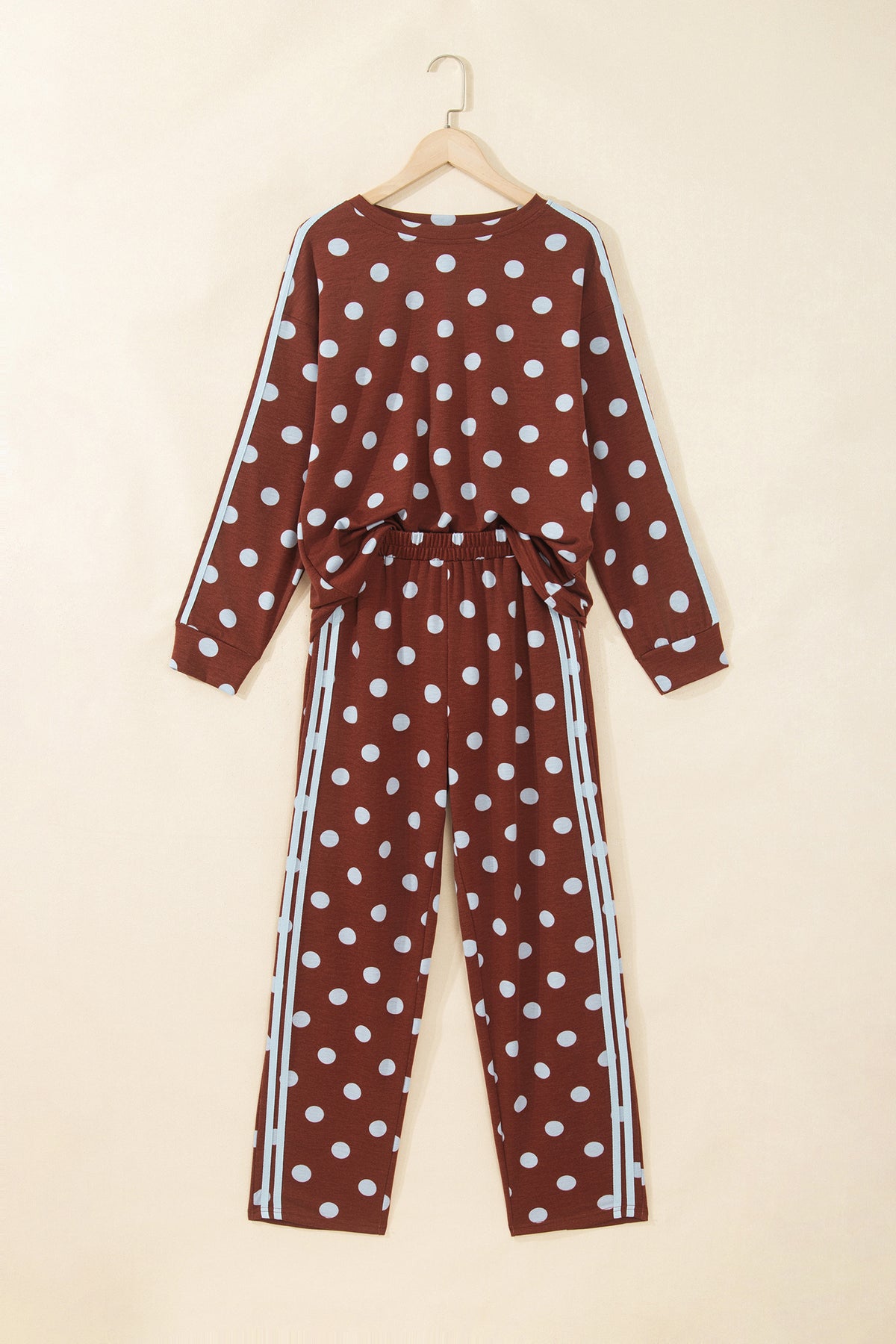 Pink Polka Dot Print Side Stripe Detail Long Sleeve Top Casual Pant Set