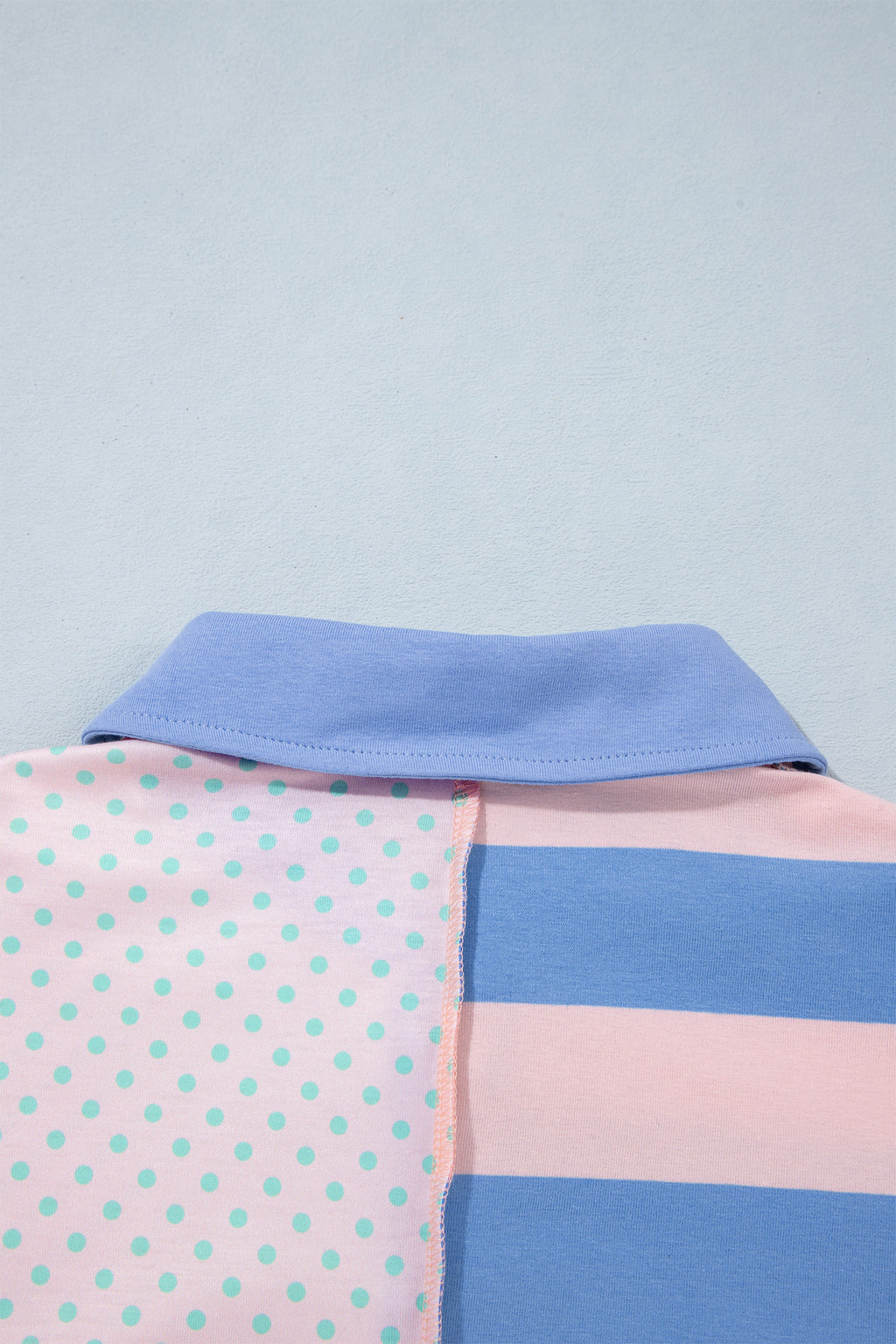 Pink Striped Polka Dot Patchwork Polo Collar Long Sleeve Top