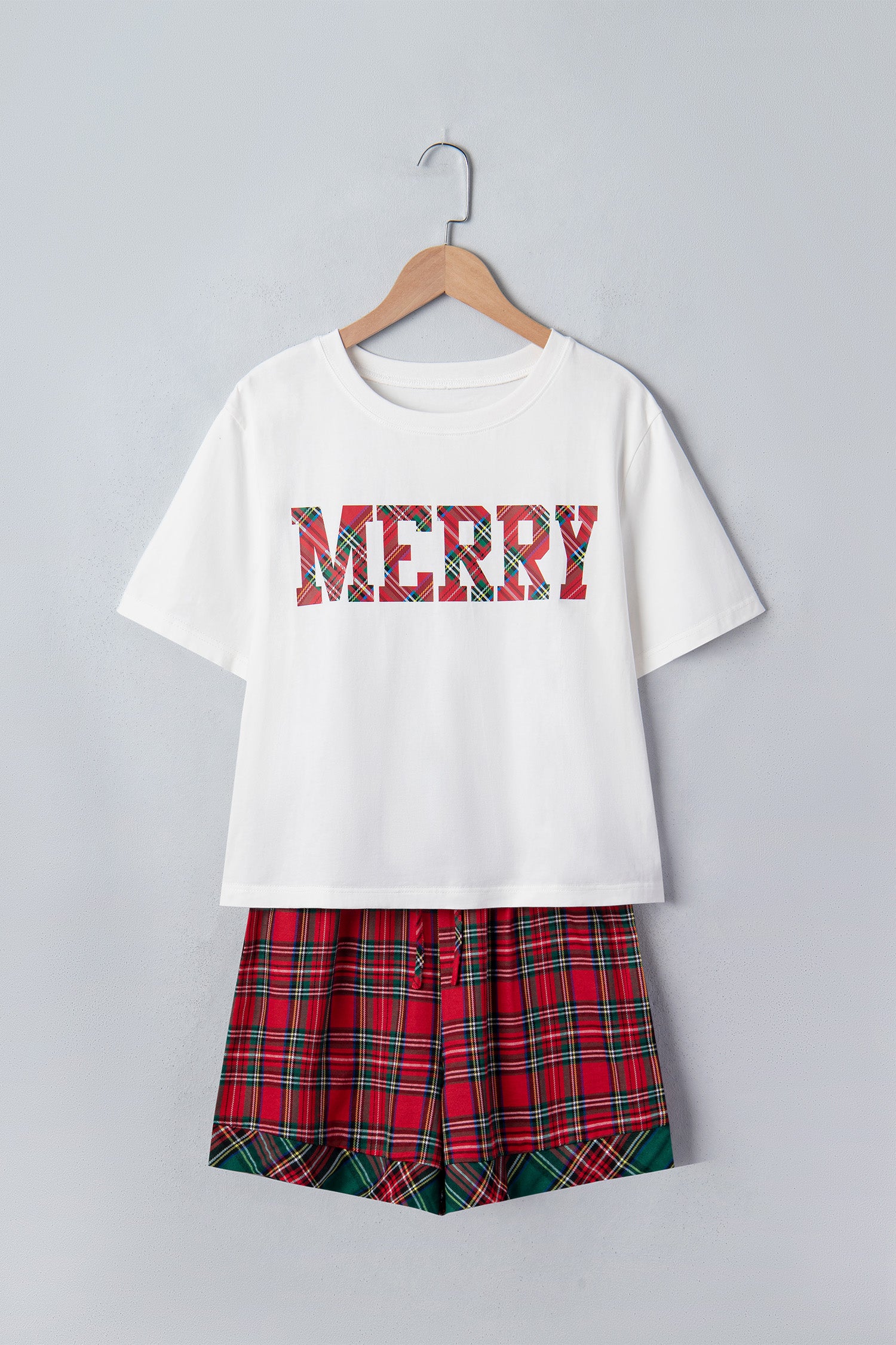 White Plaid Letter Print Short Sleeve Top Elastic Waist Pocket Shorts Lounge Set