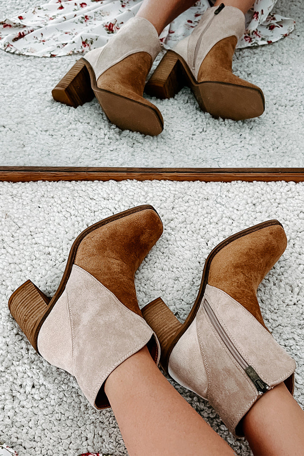 Camel Two Tone Faux Suede Square Toe Chunky Heel Boots