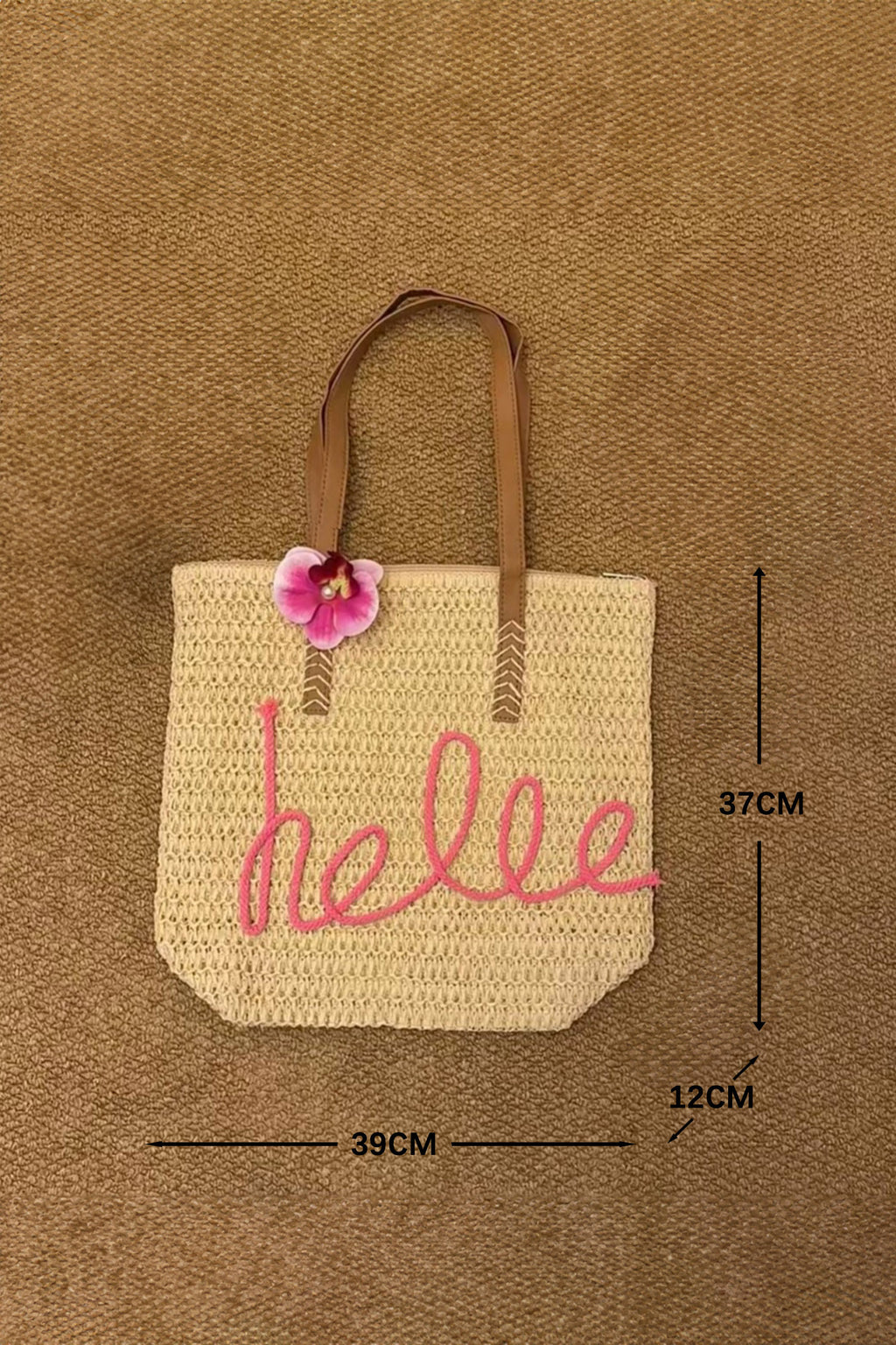 Khaki Hello Boho Handwoven Floral Accent Travel Tote Bag