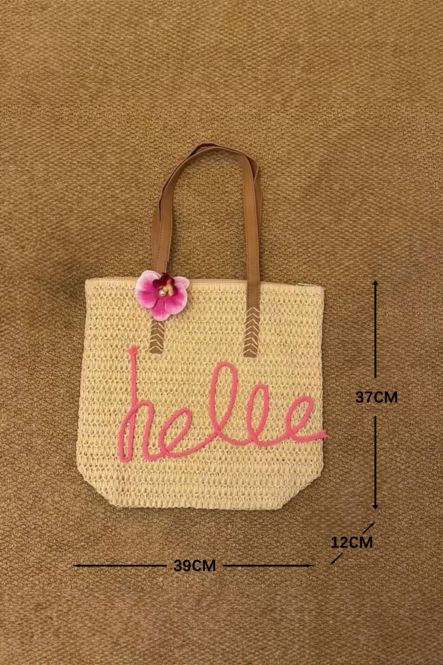 Khaki Hello Boho Handwoven Floral Accent Travel Tote Bag