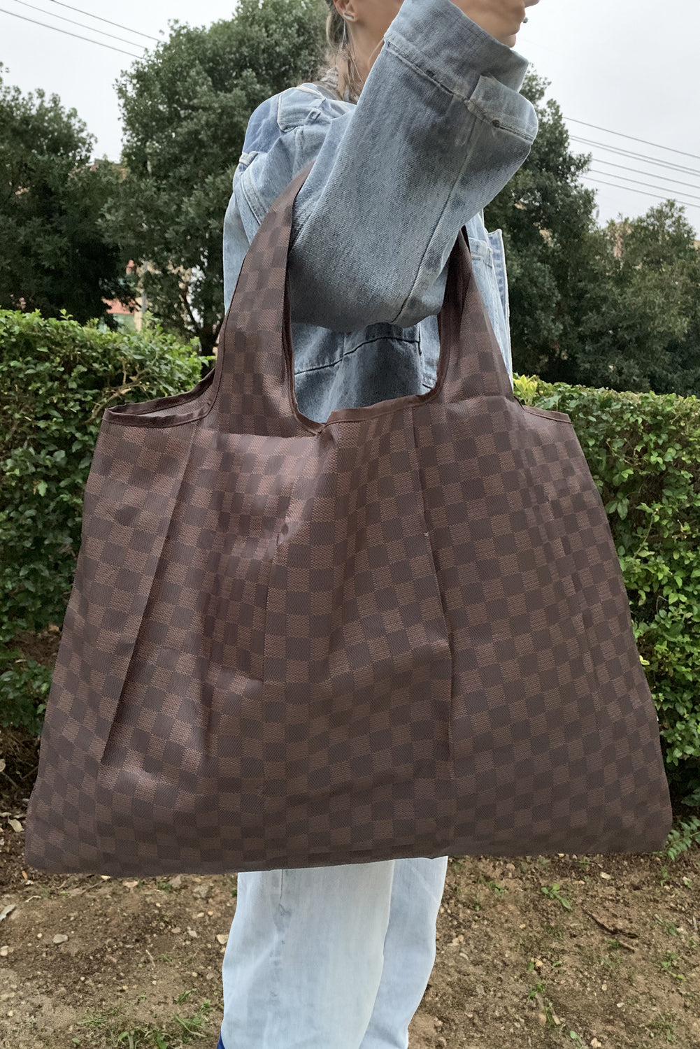 Black Trendy Checkered Pattern Large Portable Tote Bag