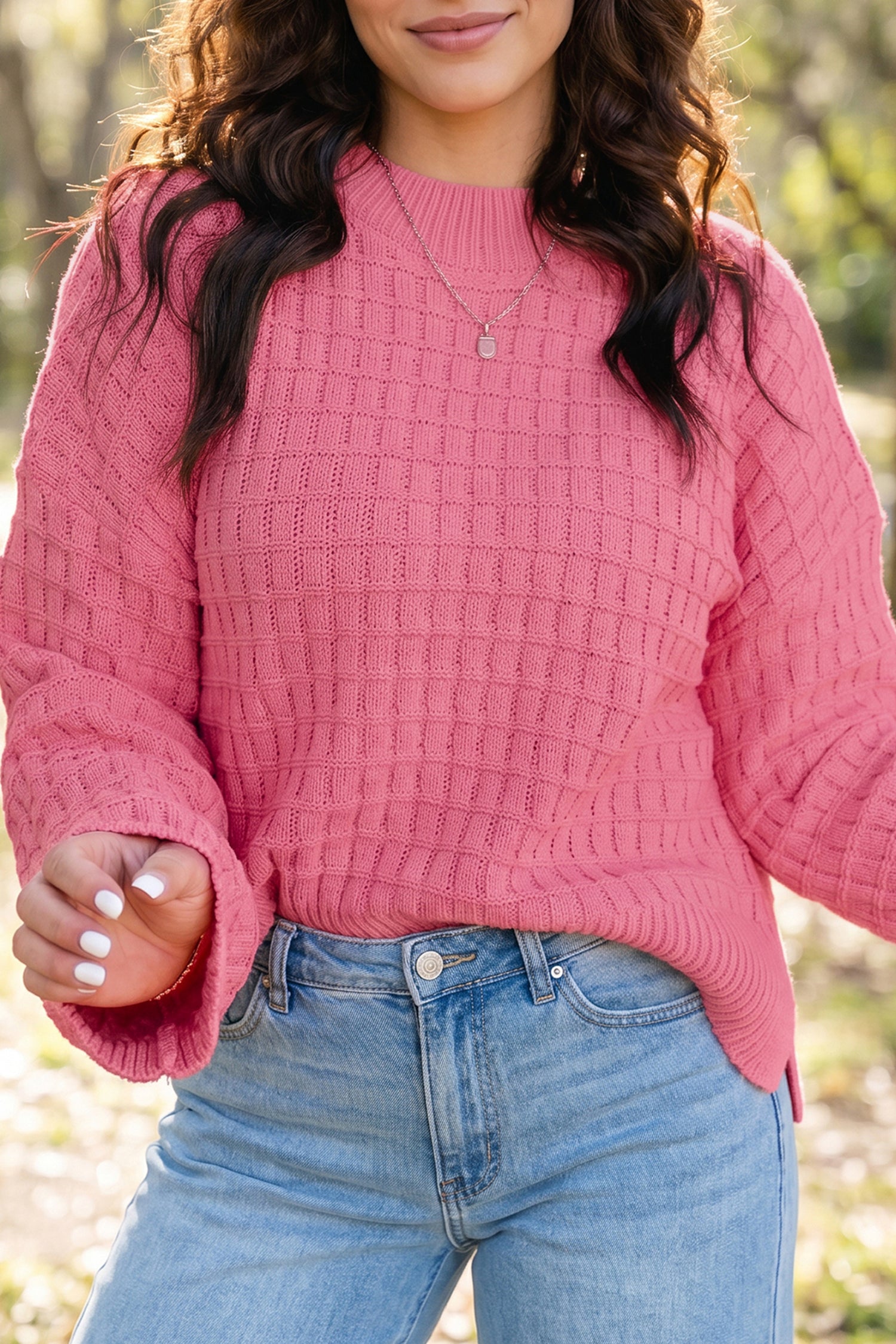 Peach Blossom Drop Shoulder Long Sleeve Knit Regular Fit Sweater