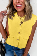 Yellow Cream Solid Color Sleeveless Knit Button Pocketed Sweater