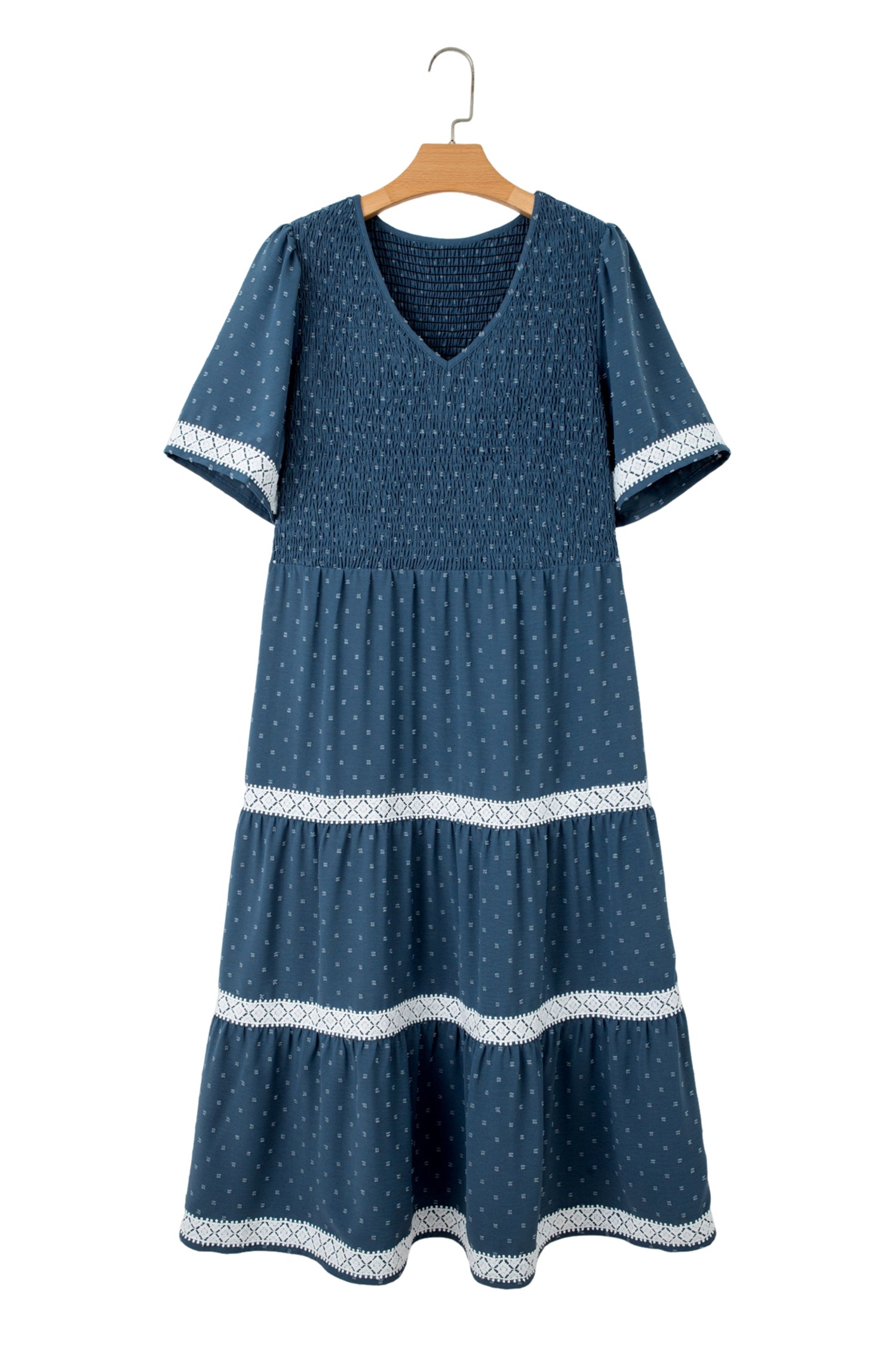 Dusk Blue Plus Size V Neck Swiss Dot Lace Patchwork Detail Flared Midi Dress