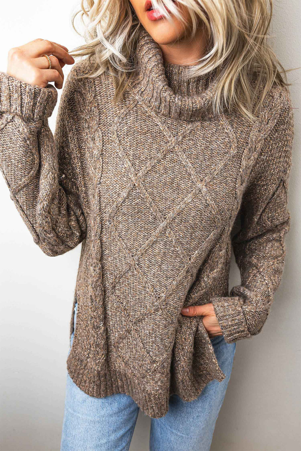 Dark Khaki High Neck Drop Shoulder Cable Knit Regular Length Sweater