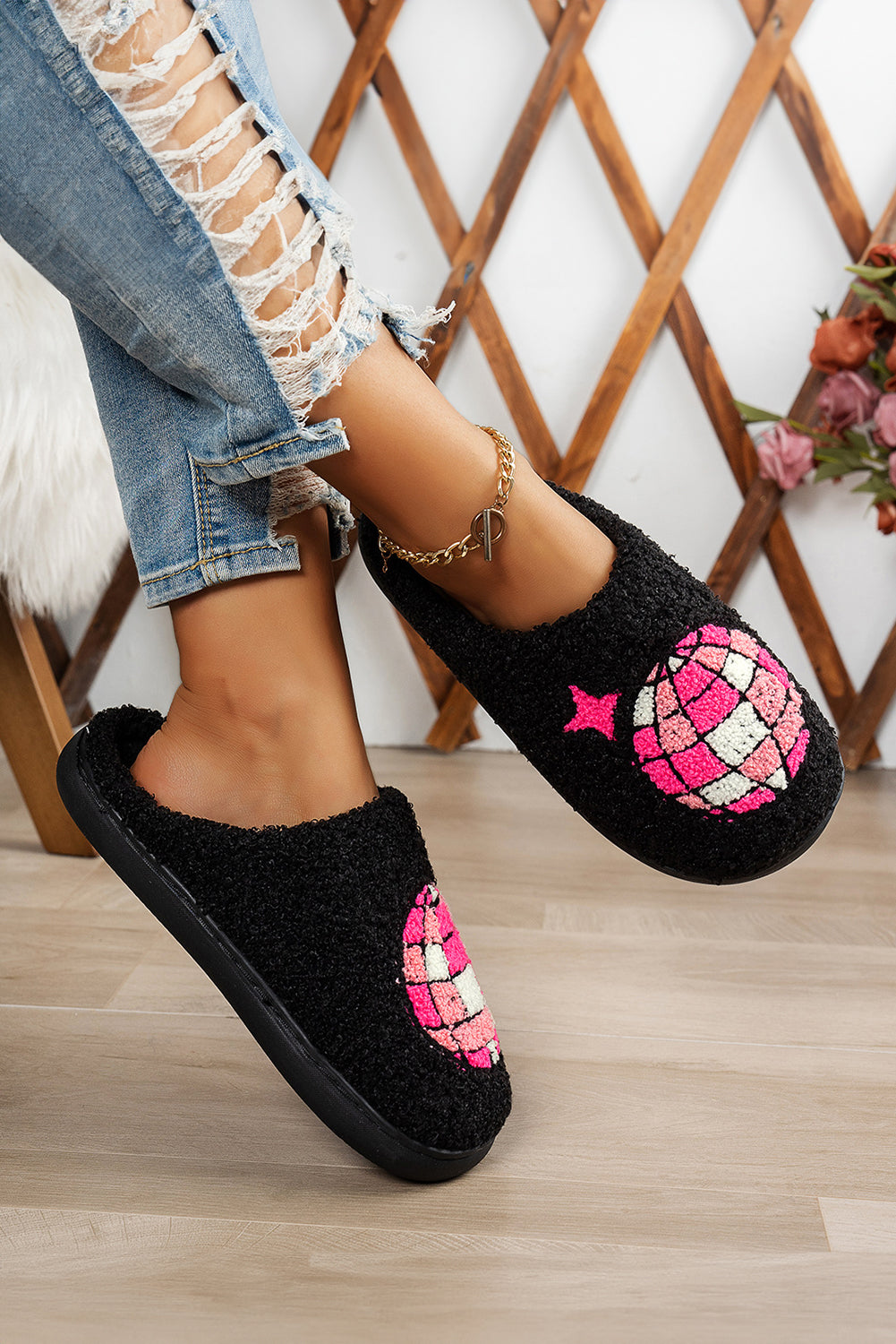 Black Disco Ball Print Fuzzy Winter House Slippers