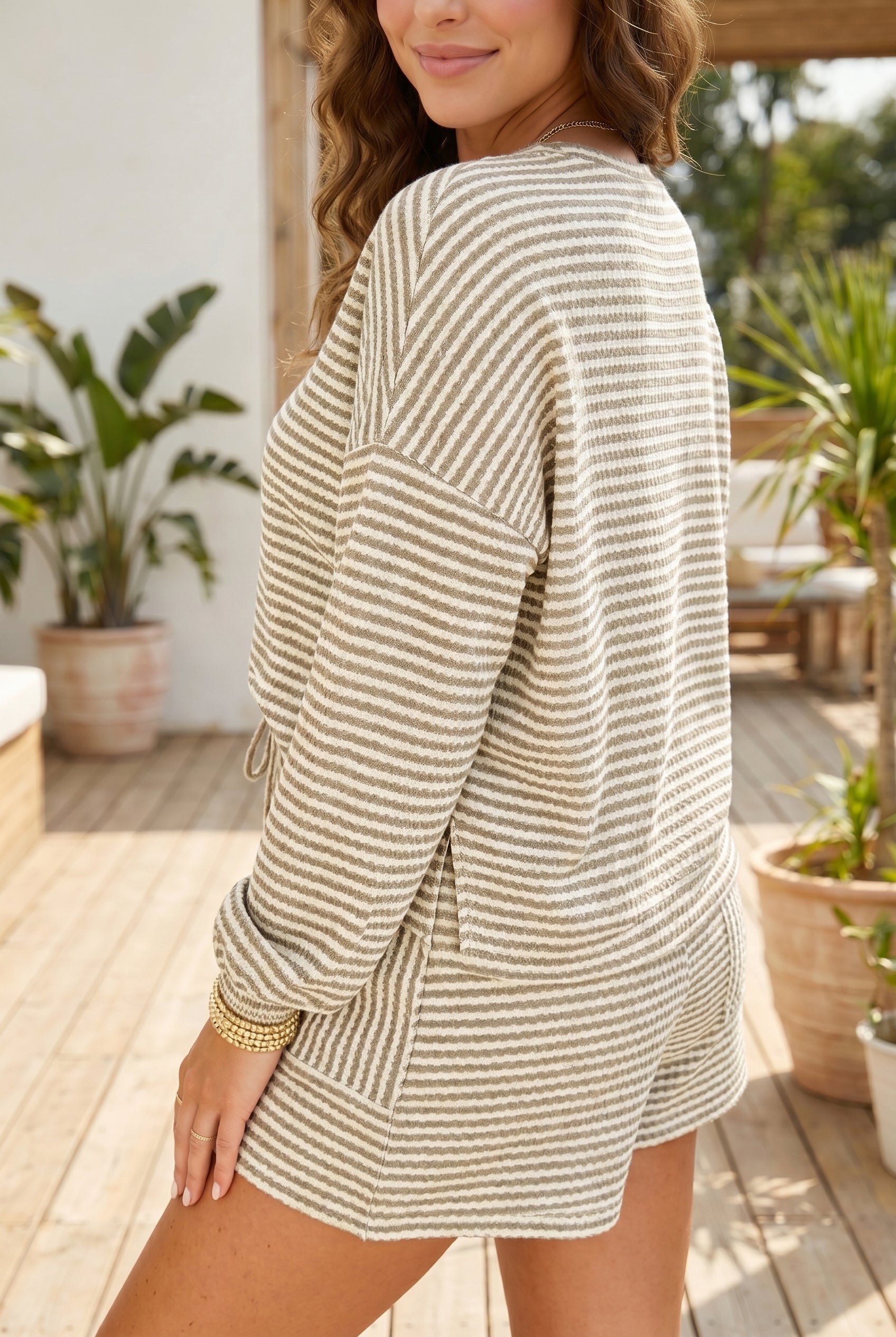 Brown Stripe Textured Knit Long Sleeve Top Elastic Waist Shorts Casual Outfit