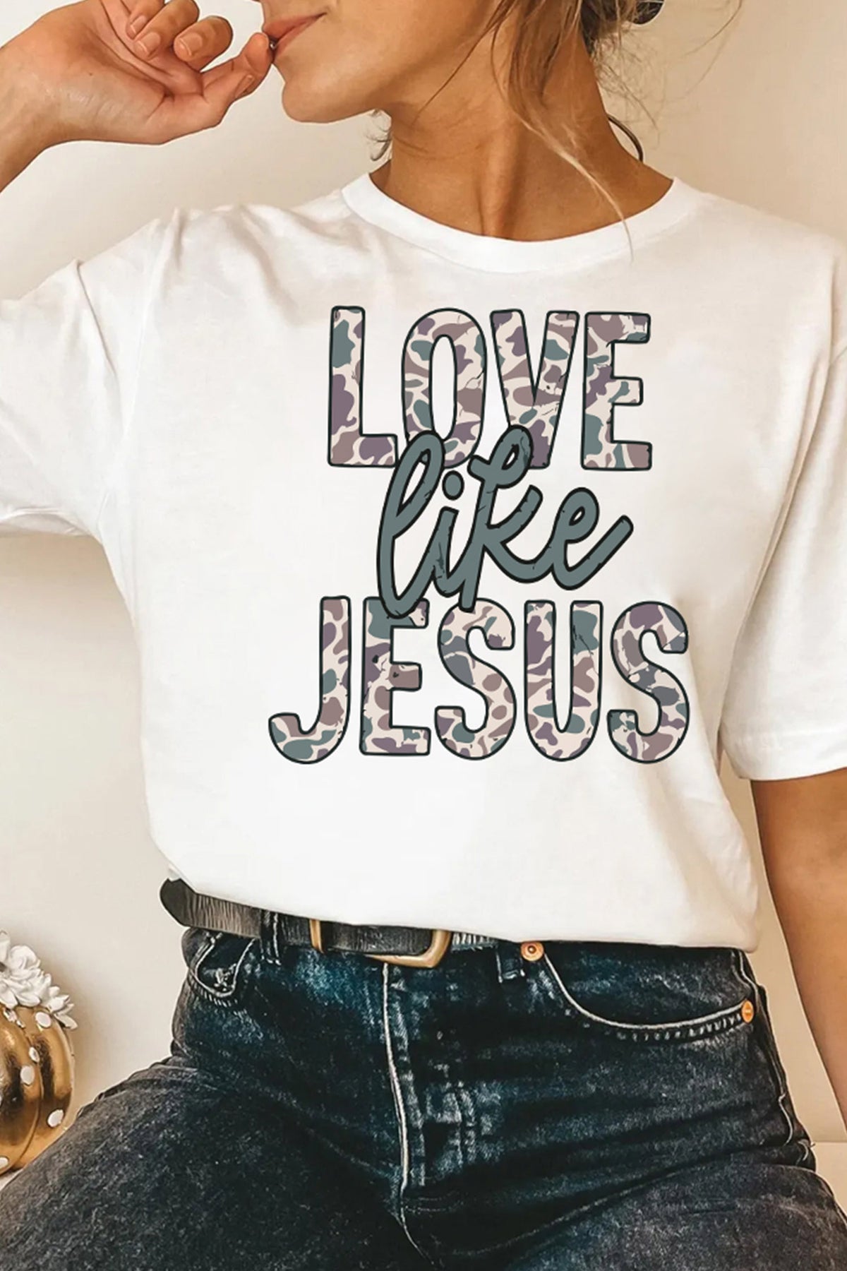 White Camo Letter Print Short Sleeve Casual T-Shirt